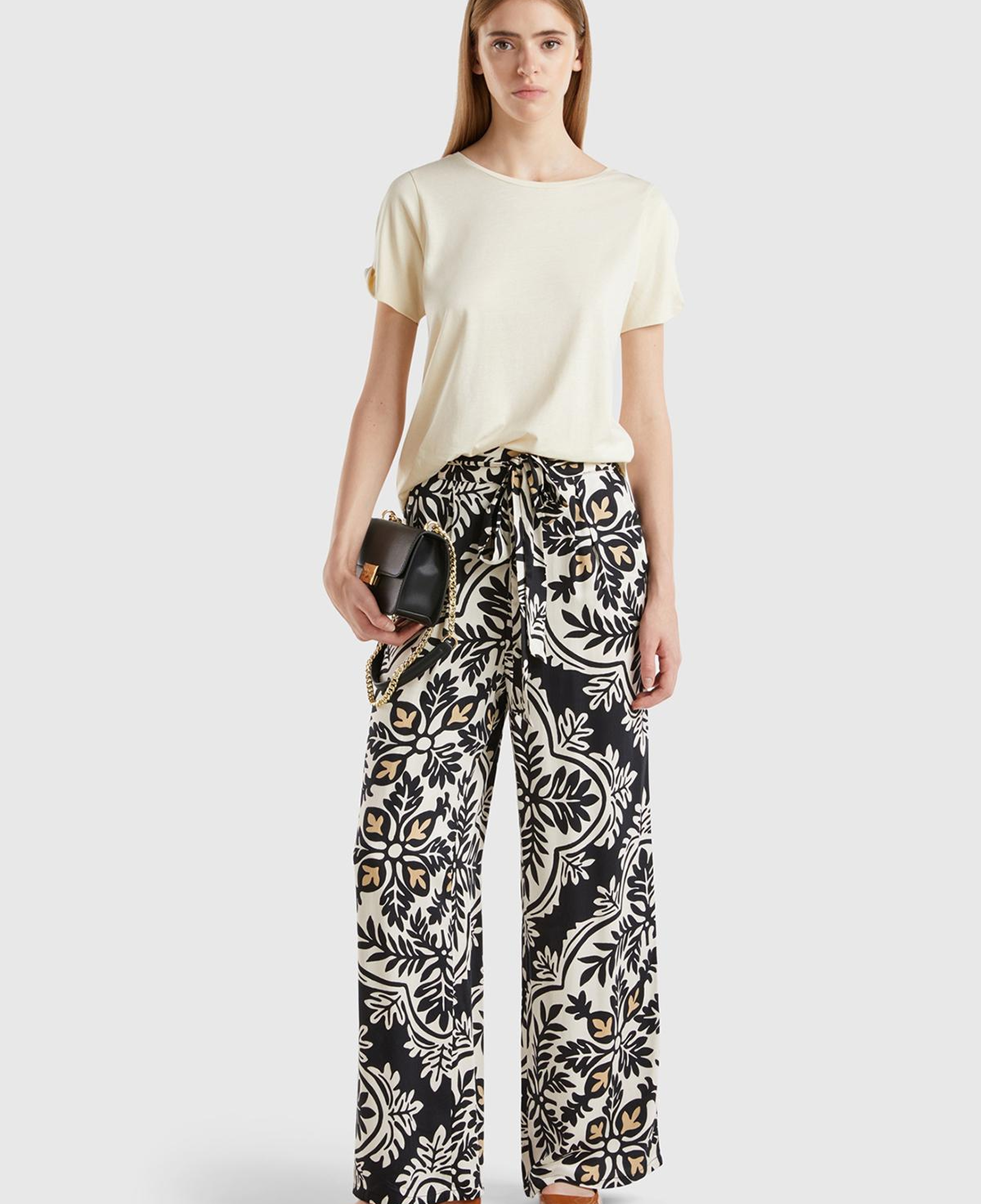 Kadın Gümüş %100 Viskoz Beli Bağlama Detaylı Tamamı Baskılı Pantolon