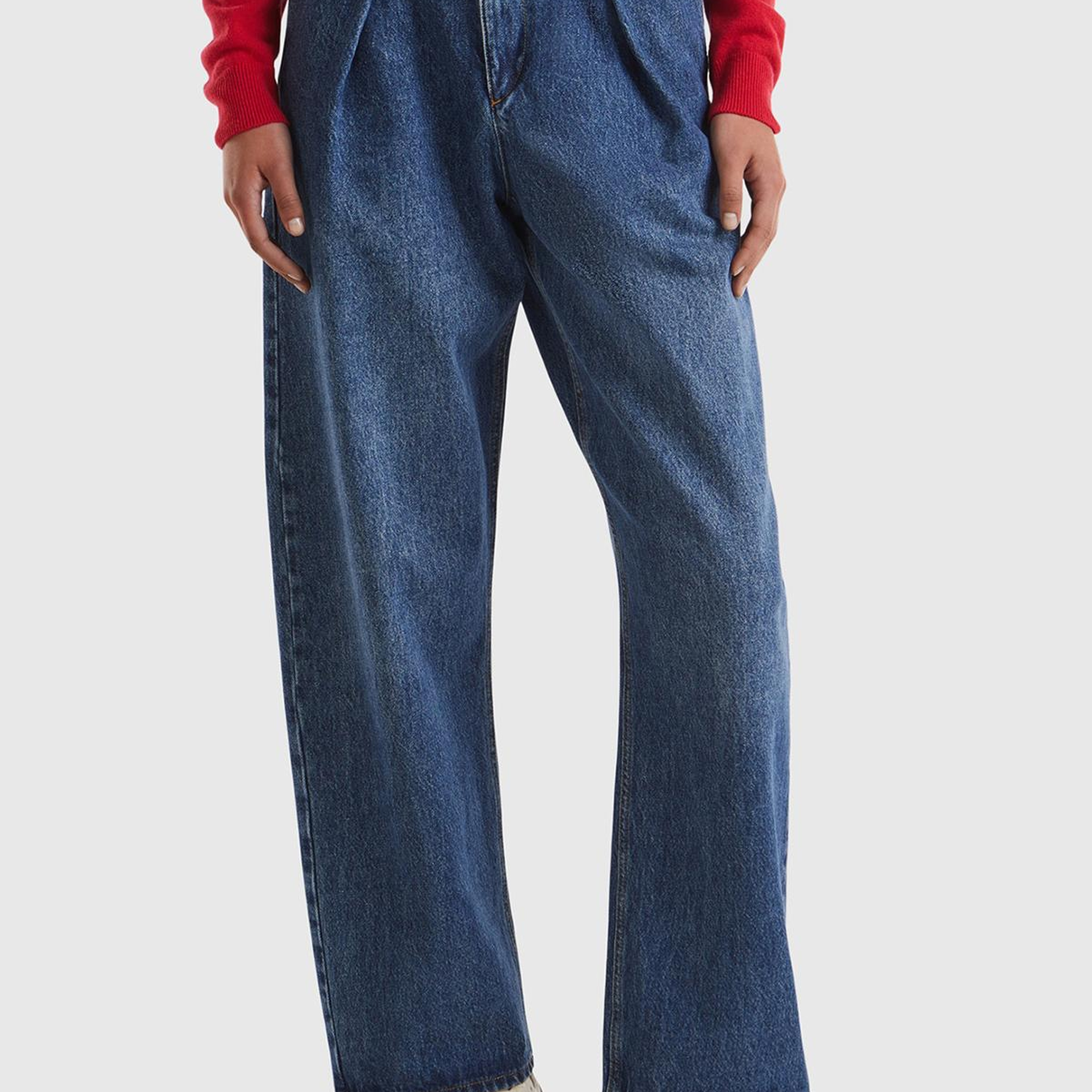 Kadın Mavi %100 Pamuk Arkası Logo Etiketli Çapraz Kemerli Pantolon