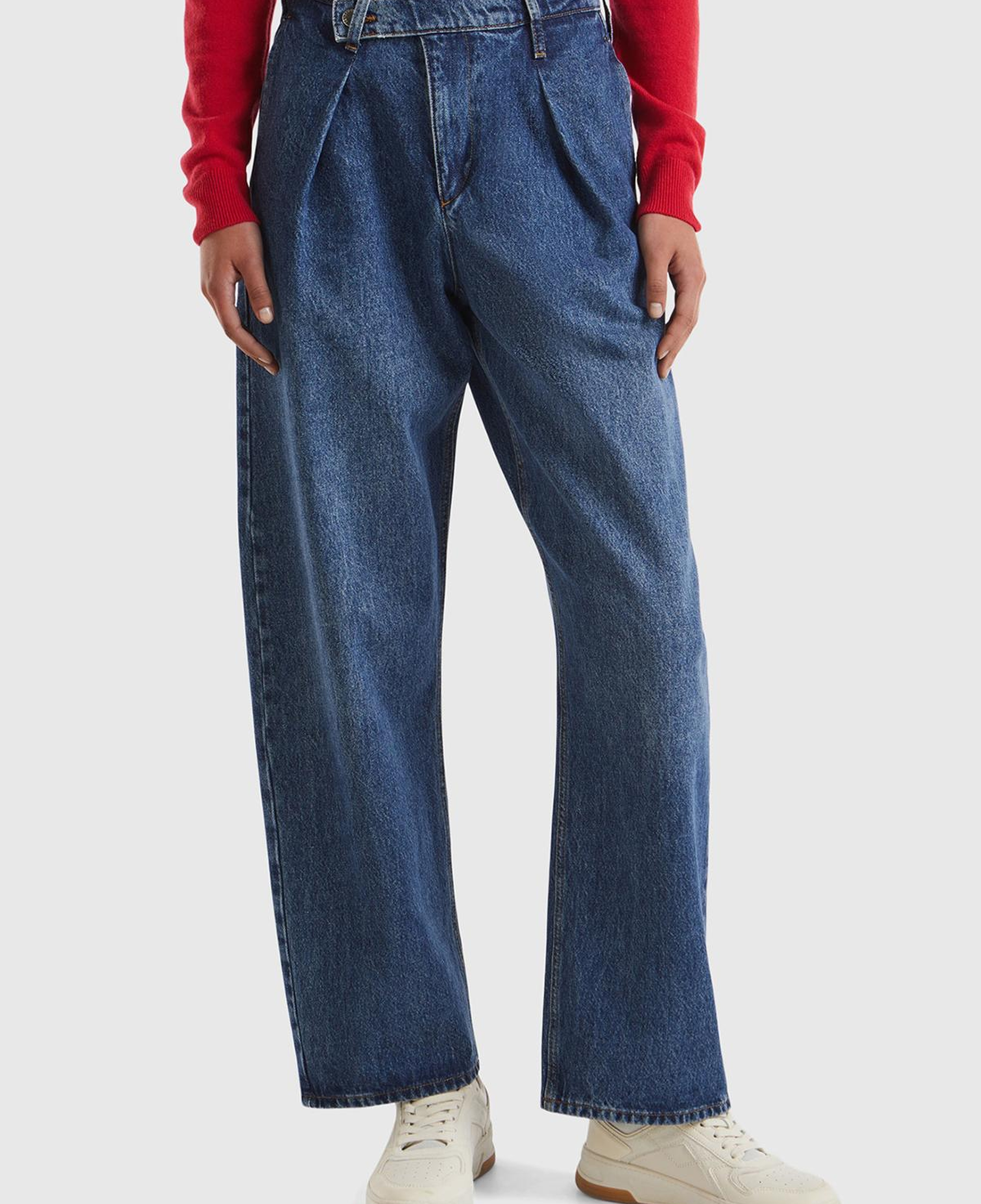 Kadın Mavi %100 Pamuk Arkası Logo Etiketli Çapraz Kemerli Pantolon