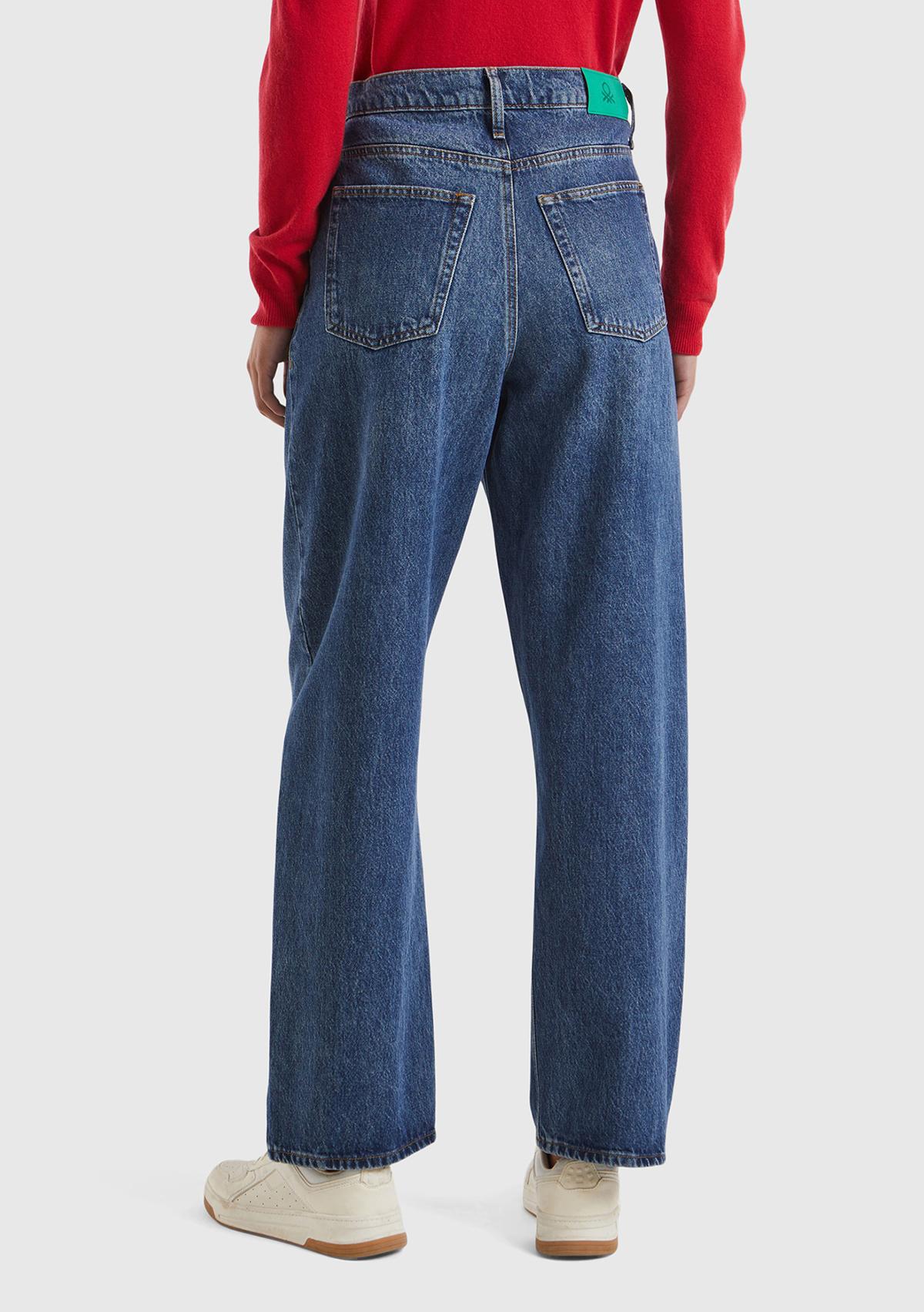 Kadın Mavi %100 Pamuk Arkası Logo Etiketli Çapraz Kemerli Pantolon