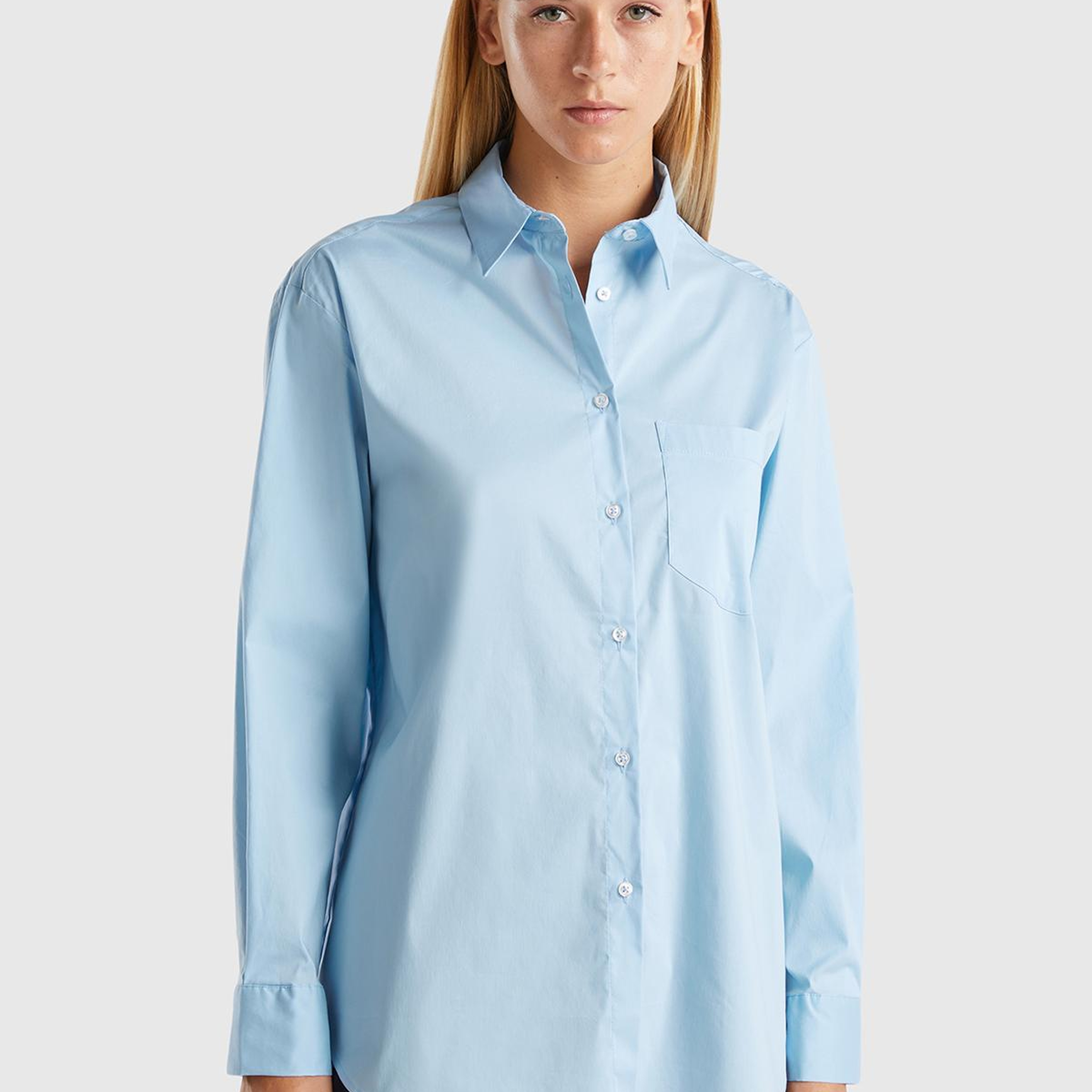 Kadın Turkuaz Pamuk Karışımlı Uzun Kollu Sivri Yaka Poplin Gömlek