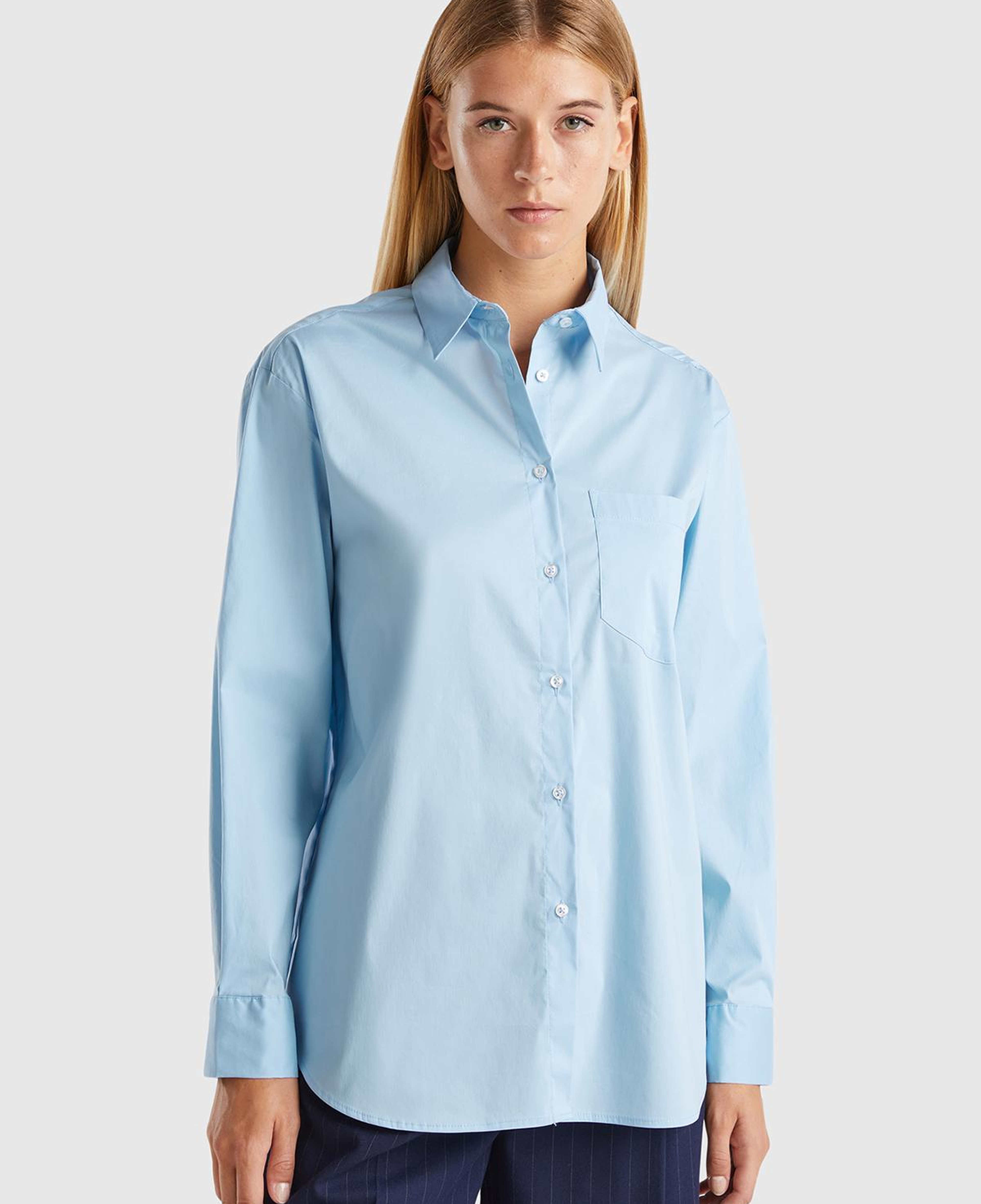 Kadın Turkuaz Pamuk Karışımlı Uzun Kollu Sivri Yaka Poplin Gömlek