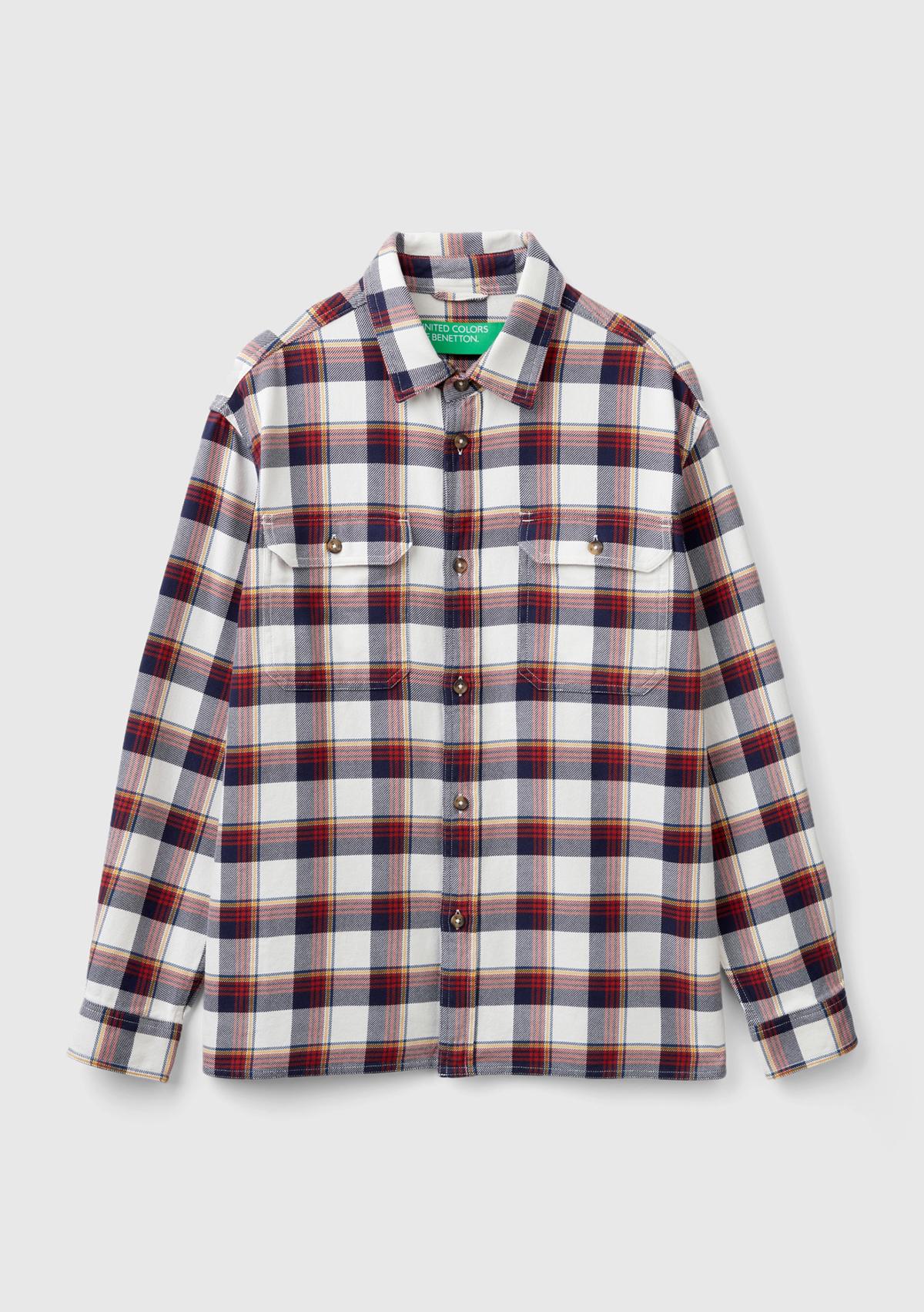 Erkek Beyaz Mix %100 Pamuk İki Göğsü Cep Detaylı Uzun Kollu Desenli Gömlek