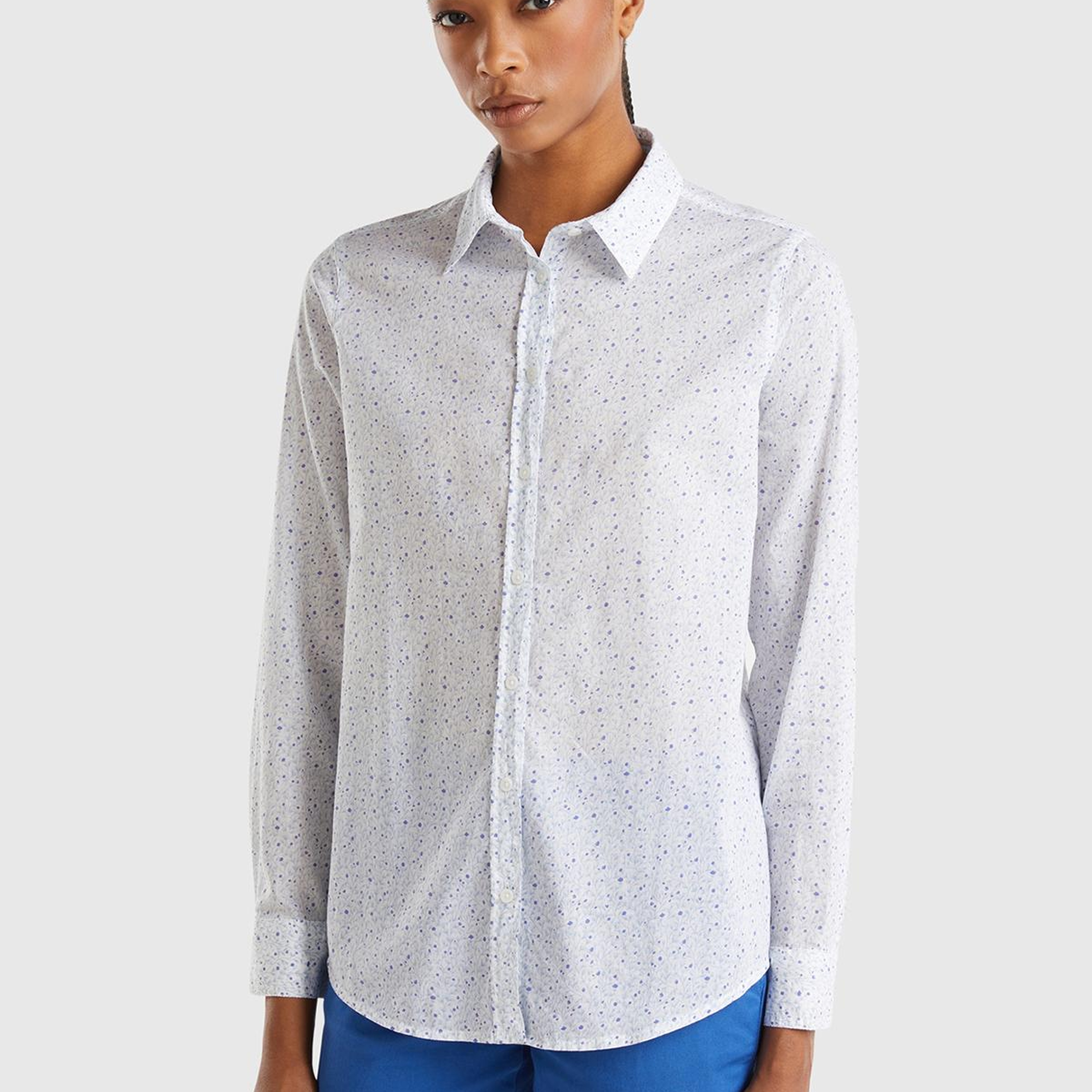 Kadın Mavi %100 Koton Desenli Gömlek