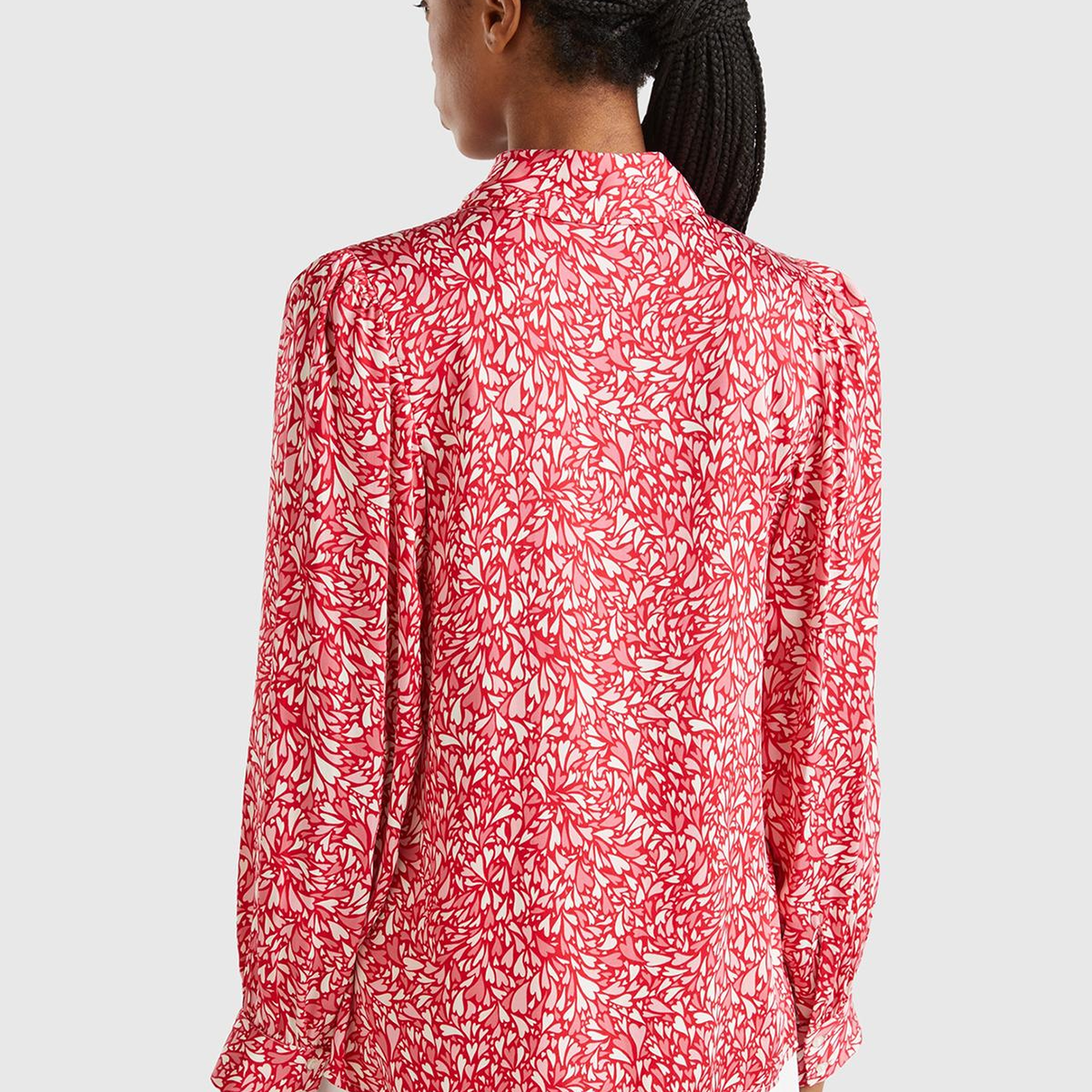 Kadın Kırmızı %100 Viskoz Omuz ve Bilek Detaylı Desenli Uzun Kollu Gömlek