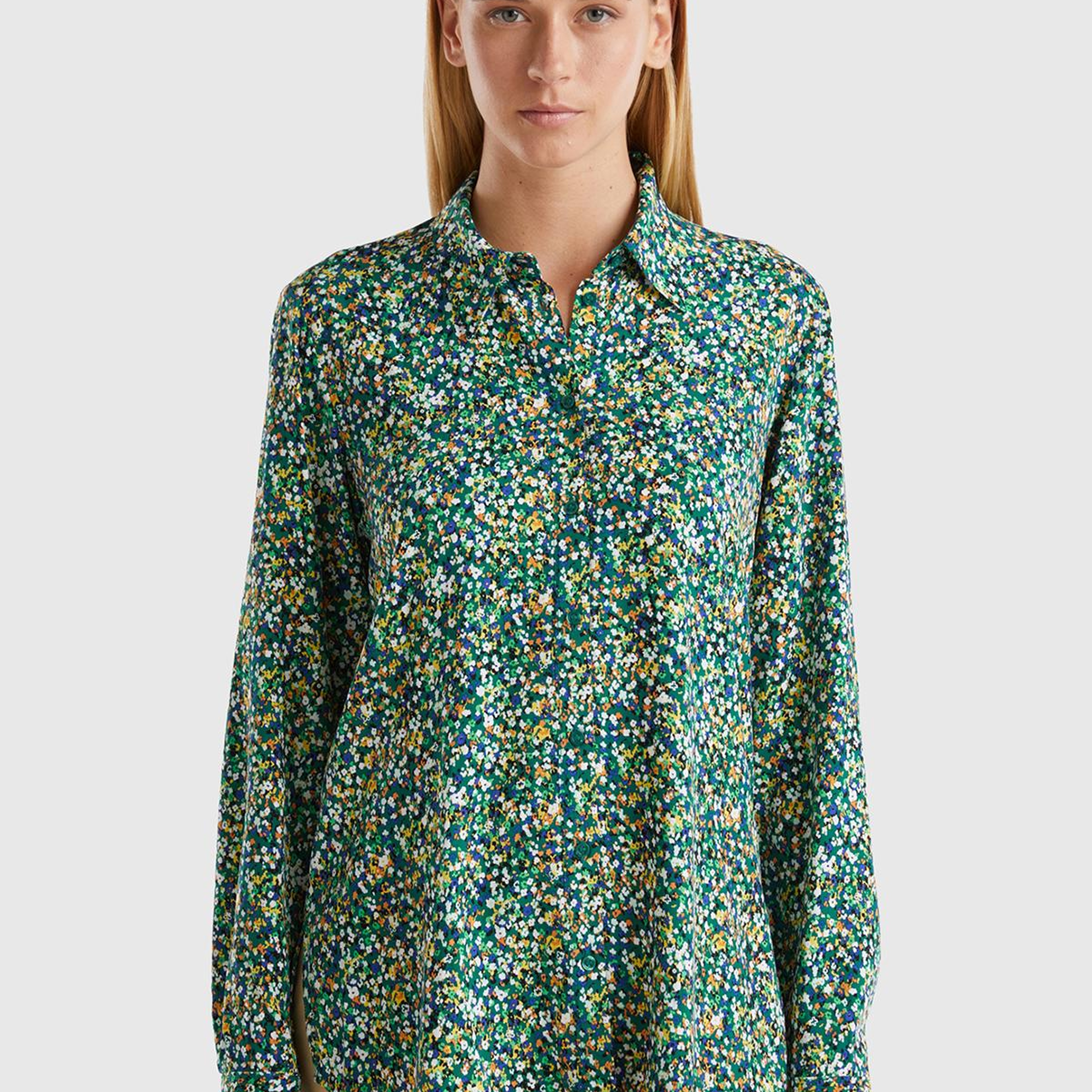 Kadın Yeşil %100 Viskoz Tamamı Desenli Uzun Kollu Gömlek