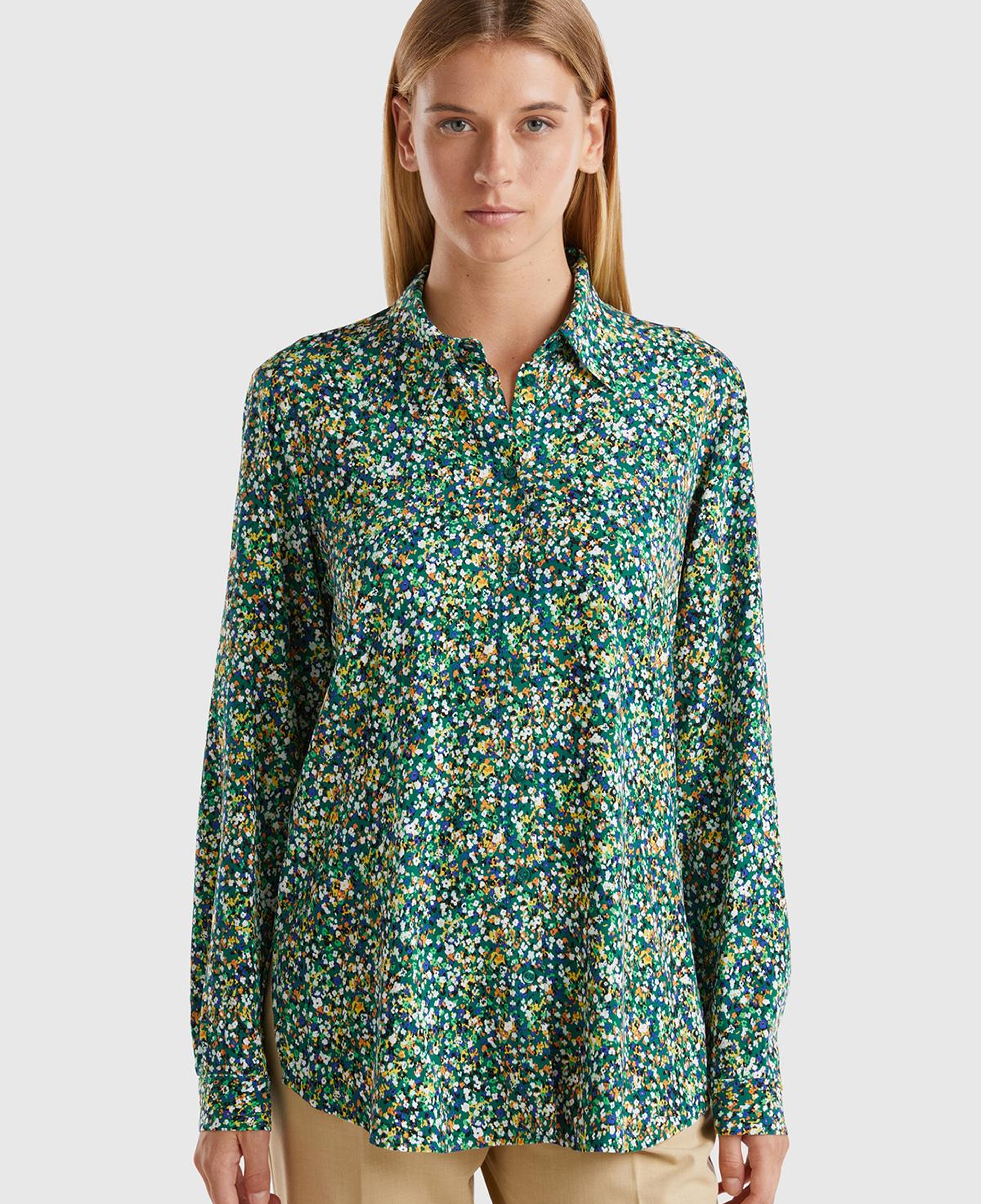 Kadın Yeşil %100 Viskoz Tamamı Desenli Uzun Kollu Gömlek