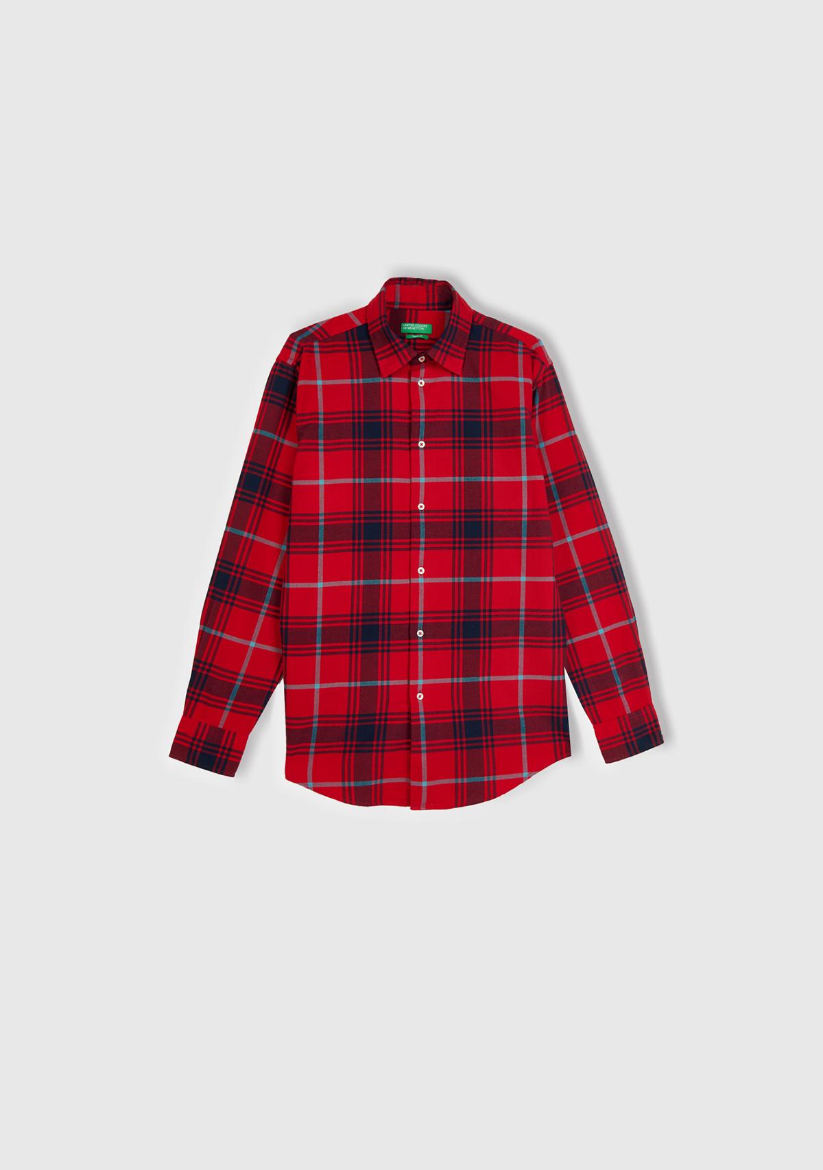 Erkek Kırmızı %100 Pamuk Regular Fit Flanel Desen Uzun Kollu Gömlek