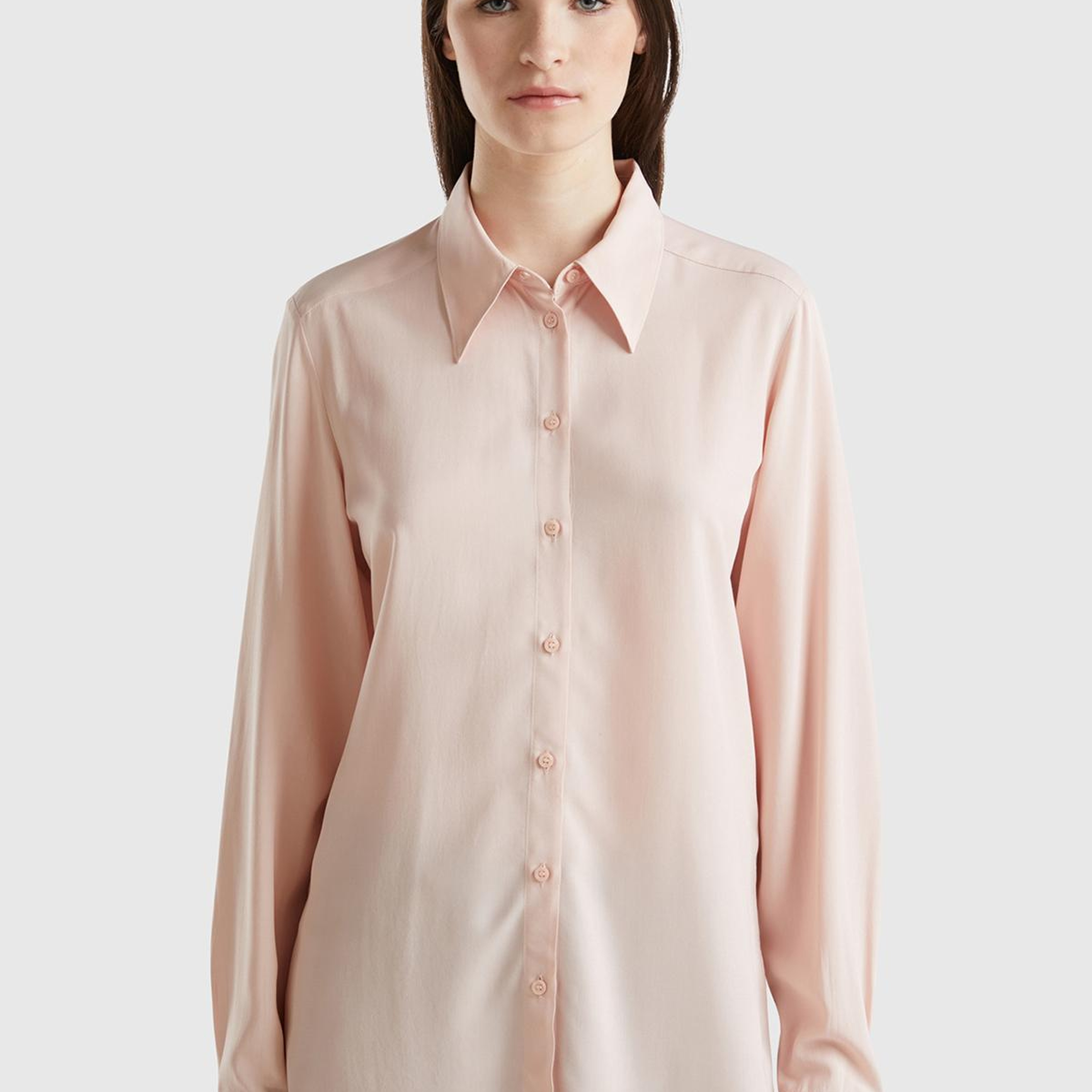 Kadın Toz Pembe %100 Viskoz Etek Ucu Yuvarlak Kesim Düz Gömlek