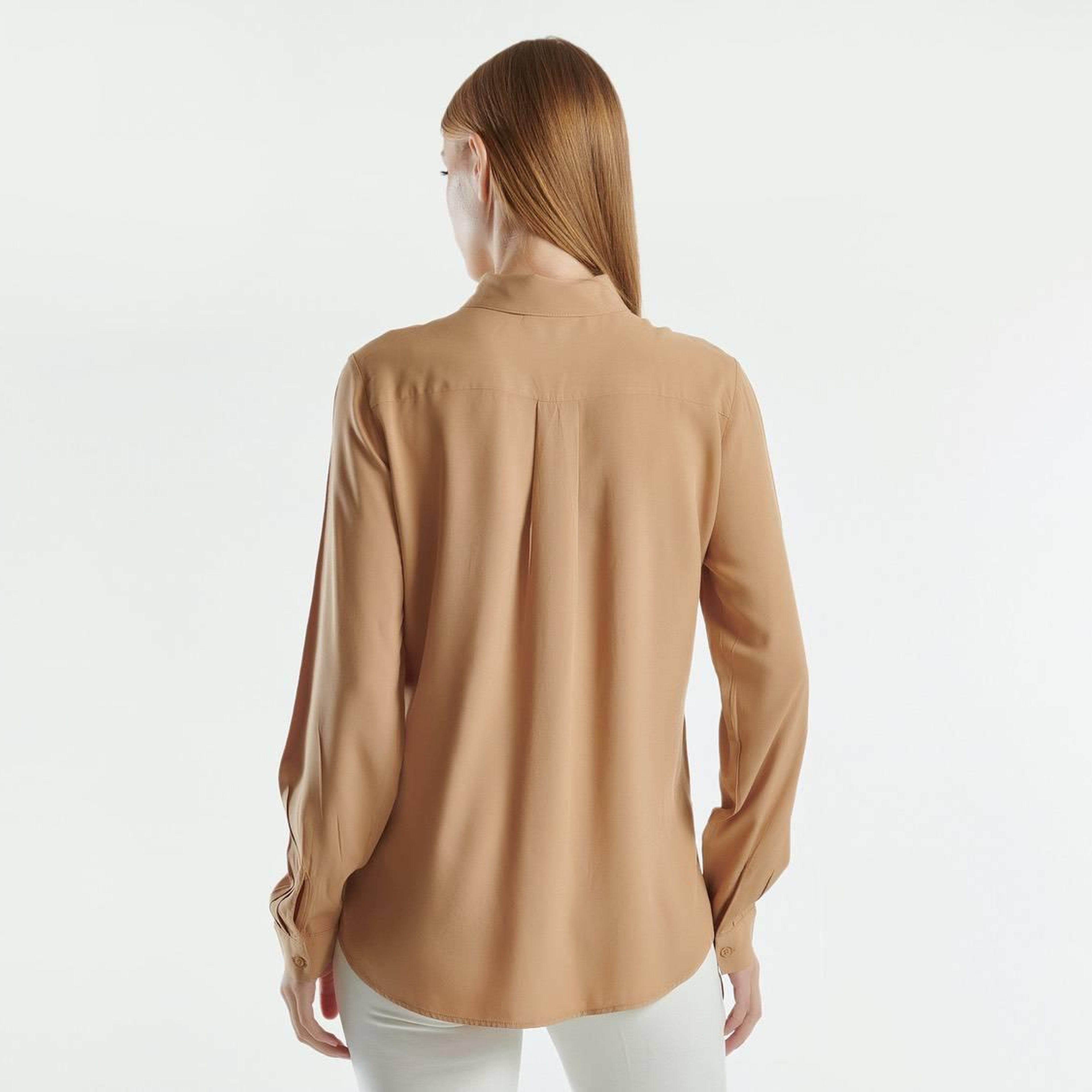 Kadın Bej %100 Viskoz Etek Ucu Yuvarlak Kesim Düz Gömlek