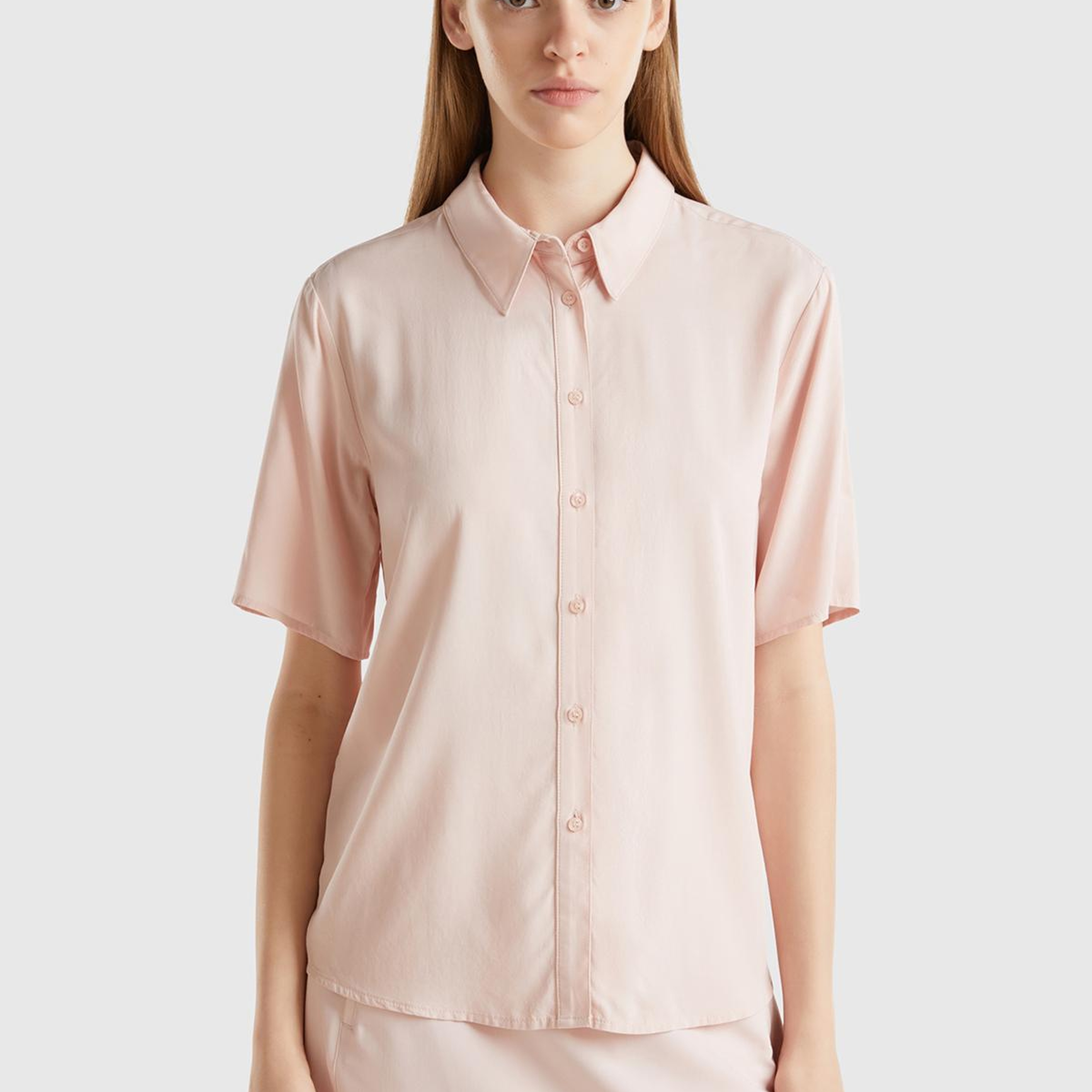 Kadın Toz Pembe %100 Viskoz Yarım Kollu Düz Gömlek