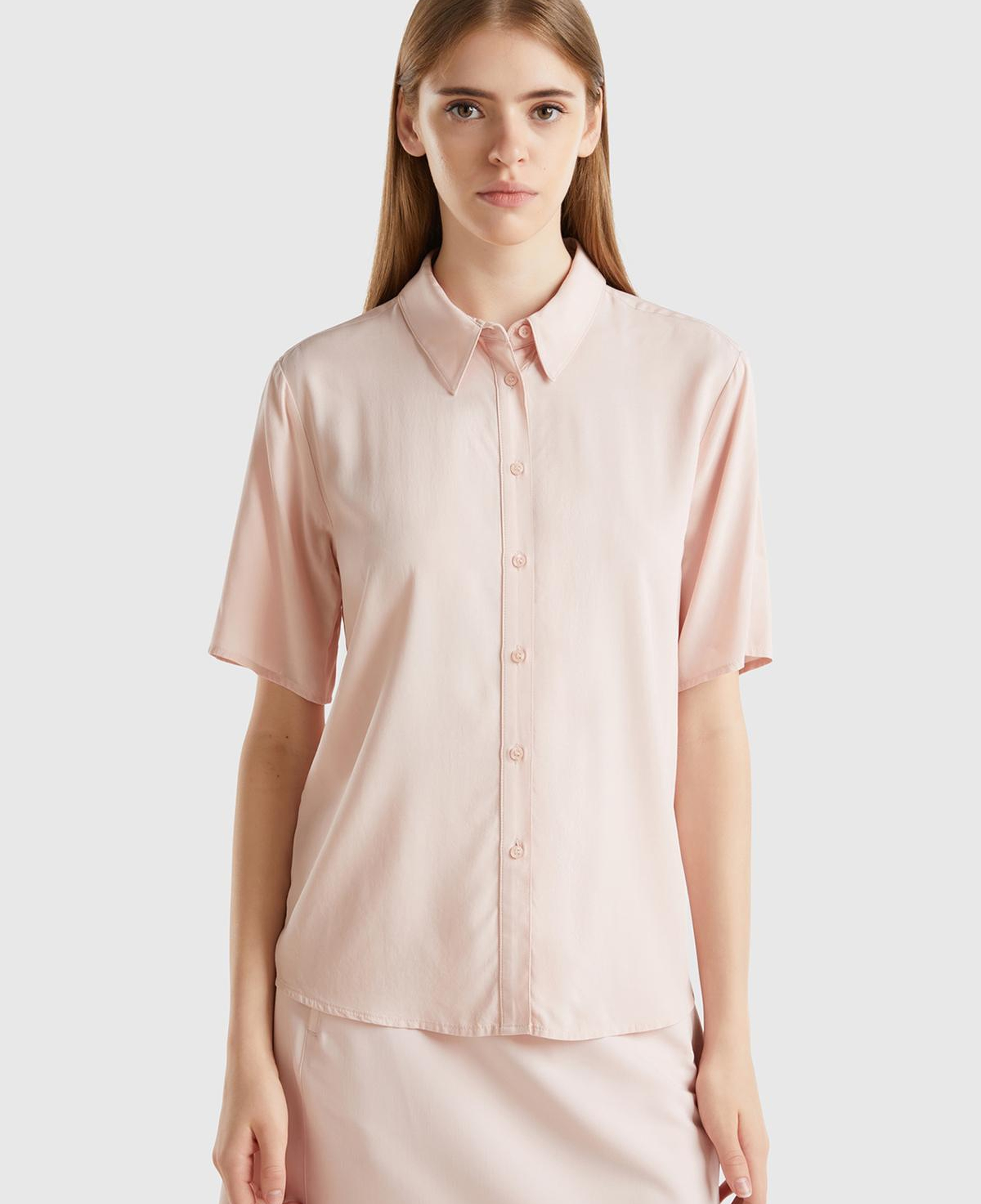 Kadın Toz Pembe %100 Viskoz Yarım Kollu Düz Gömlek