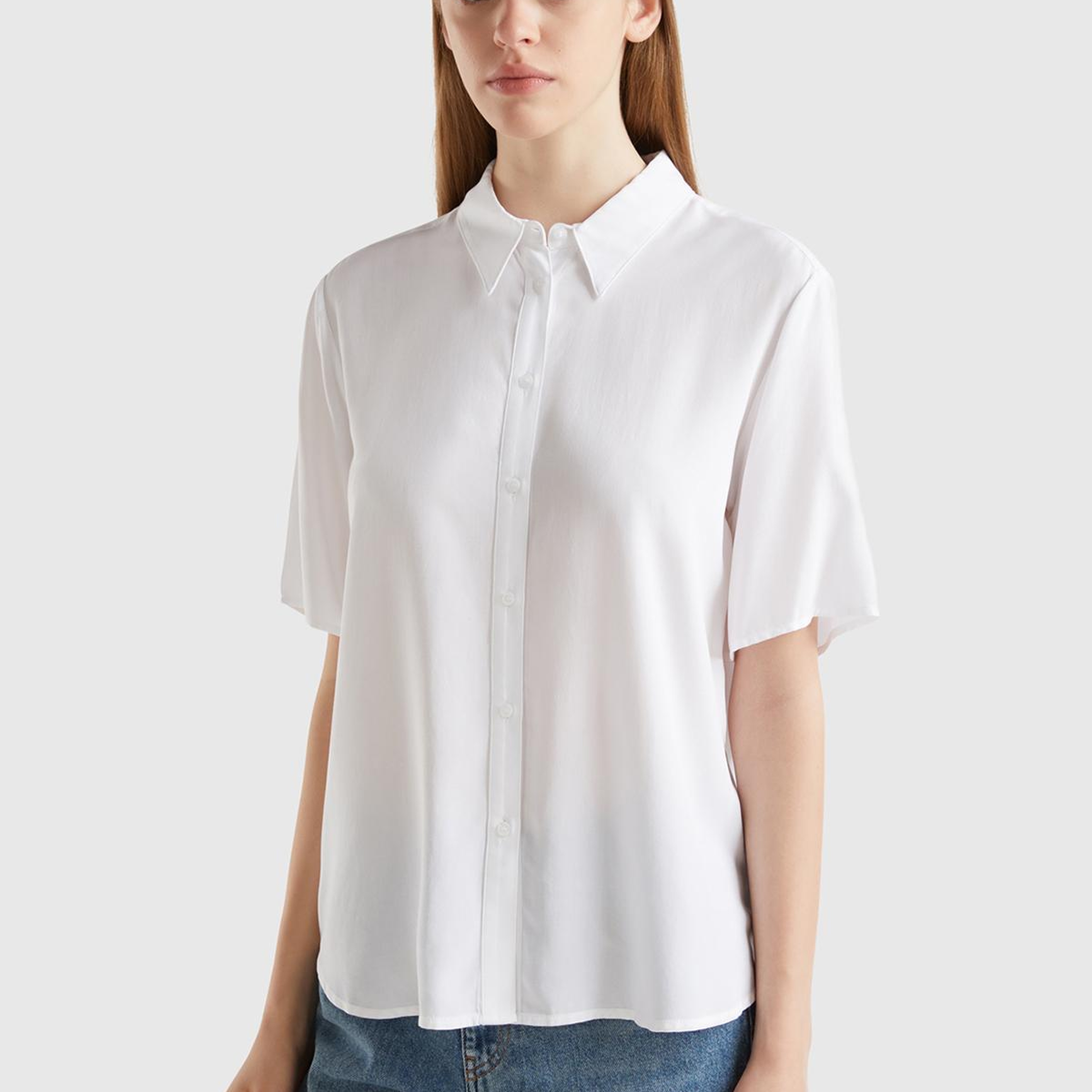 Kadın Beyaz %100 Viskoz Yarım Kollu Düz Gömlek