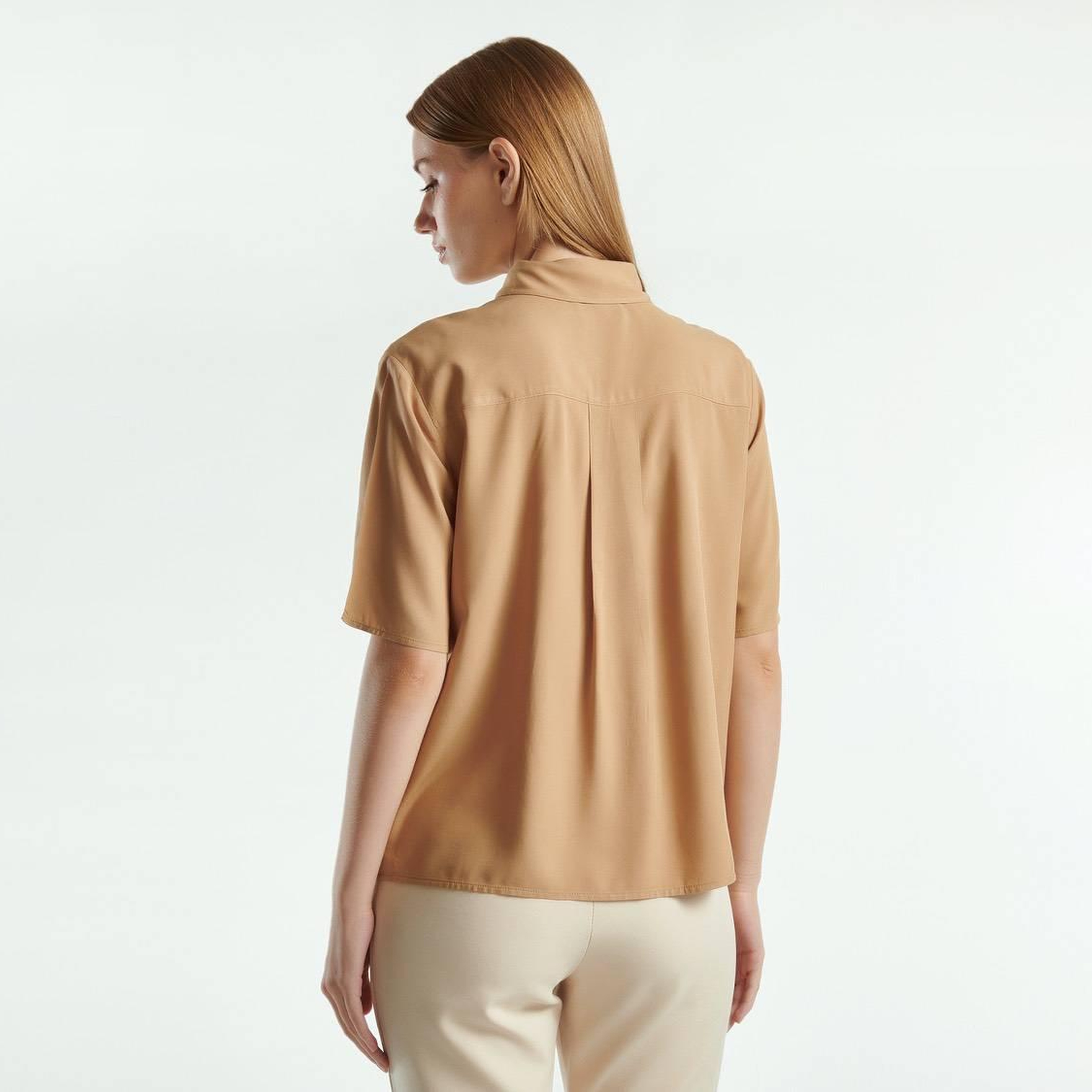 Kadın Bej %100 Viskoz Yarım Kollu Düz Gömlek
