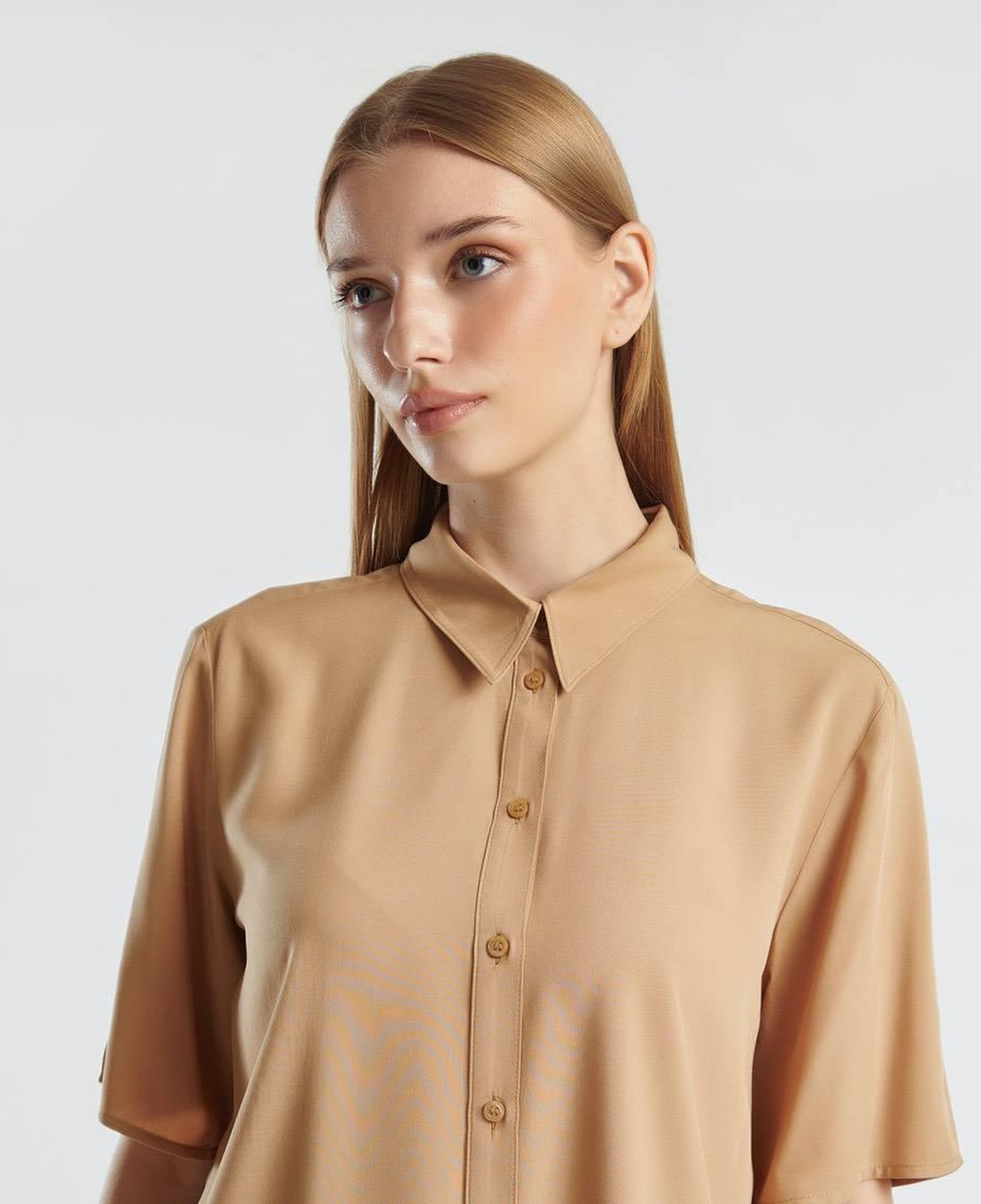 Kadın Bej %100 Viskoz Yarım Kollu Düz Gömlek