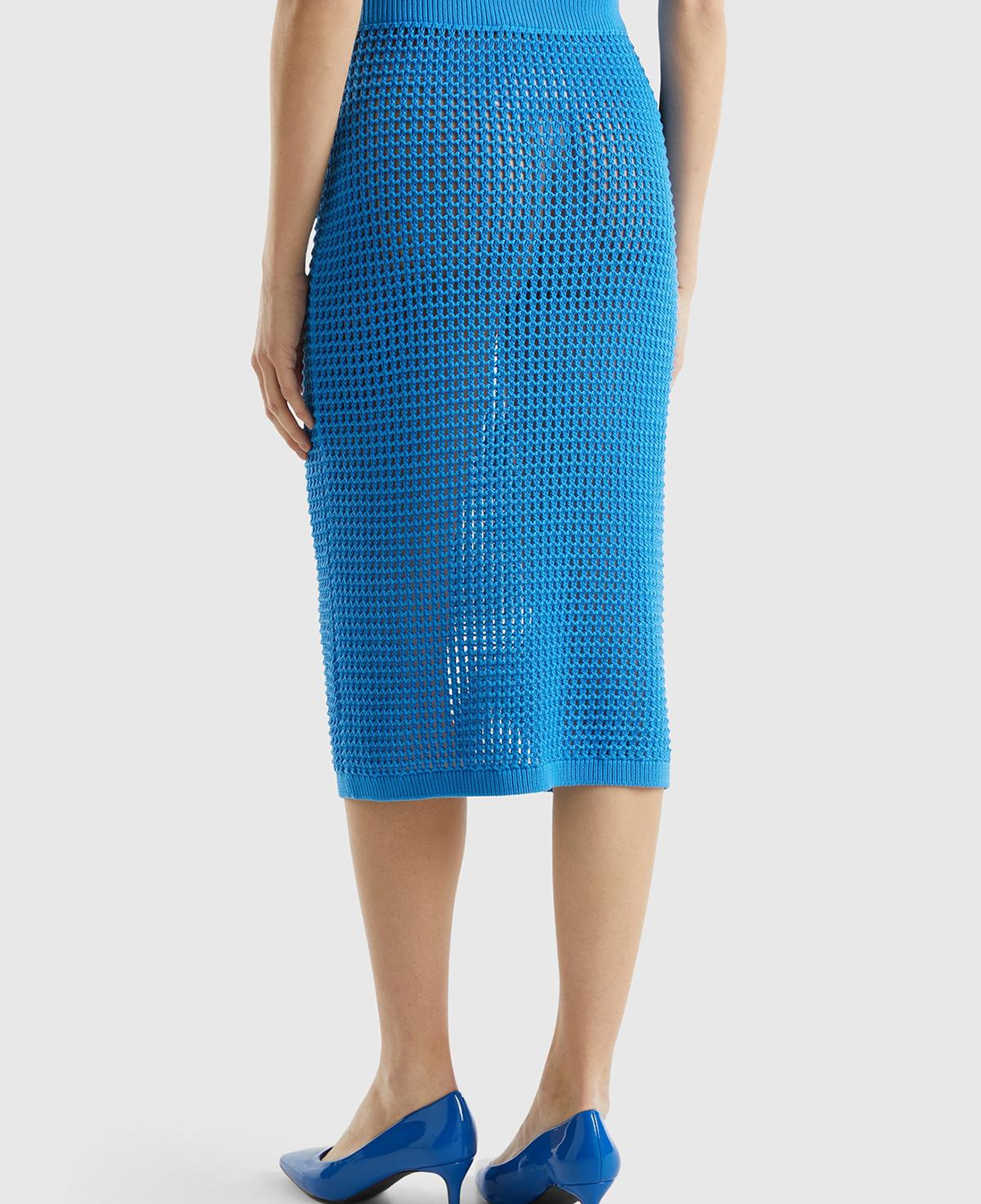 Kadın Mavi %100 Pamuk Örgü Motifli Diz Altı Etek