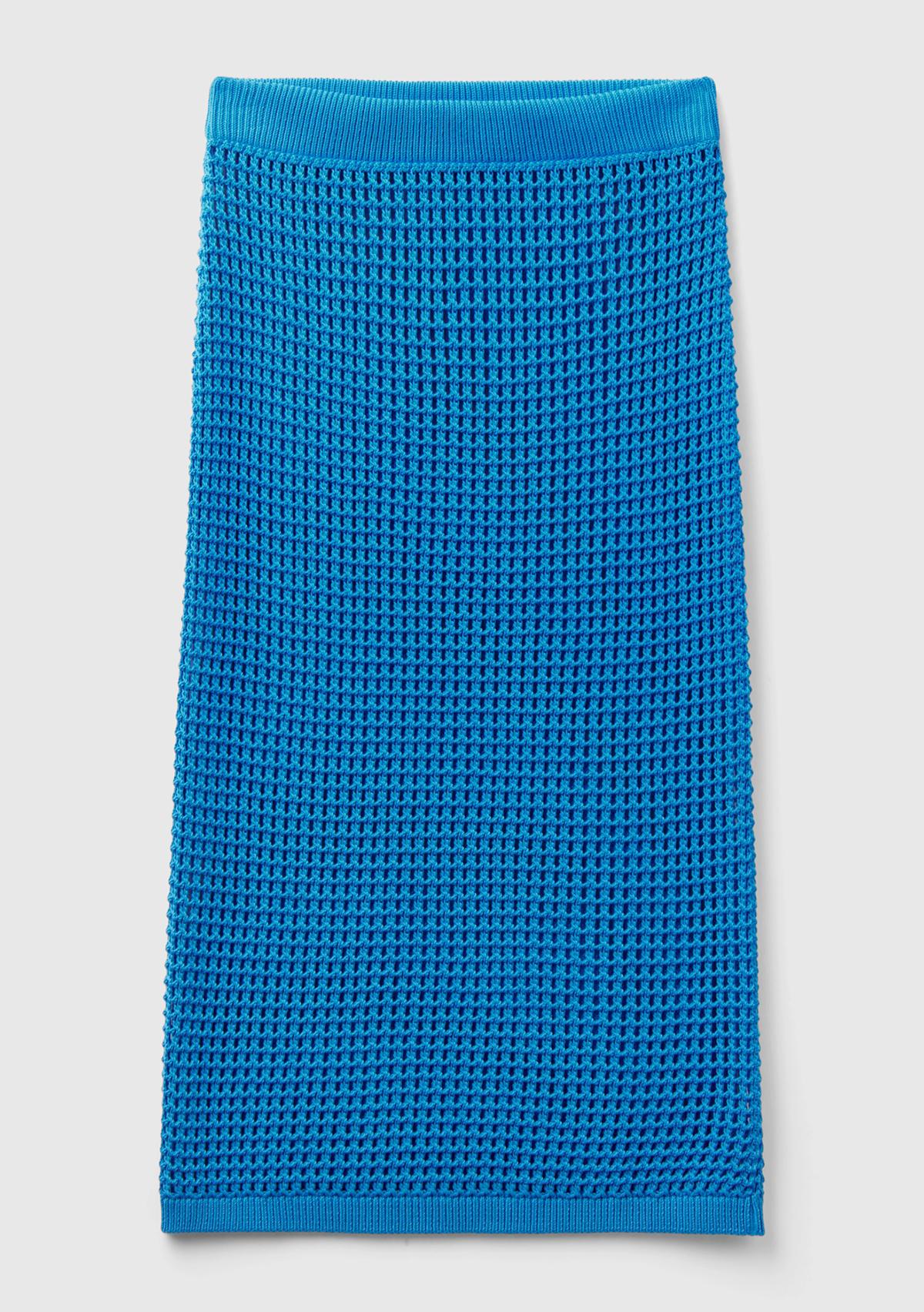 Kadın Mavi %100 Pamuk Örgü Motifli Diz Altı Etek