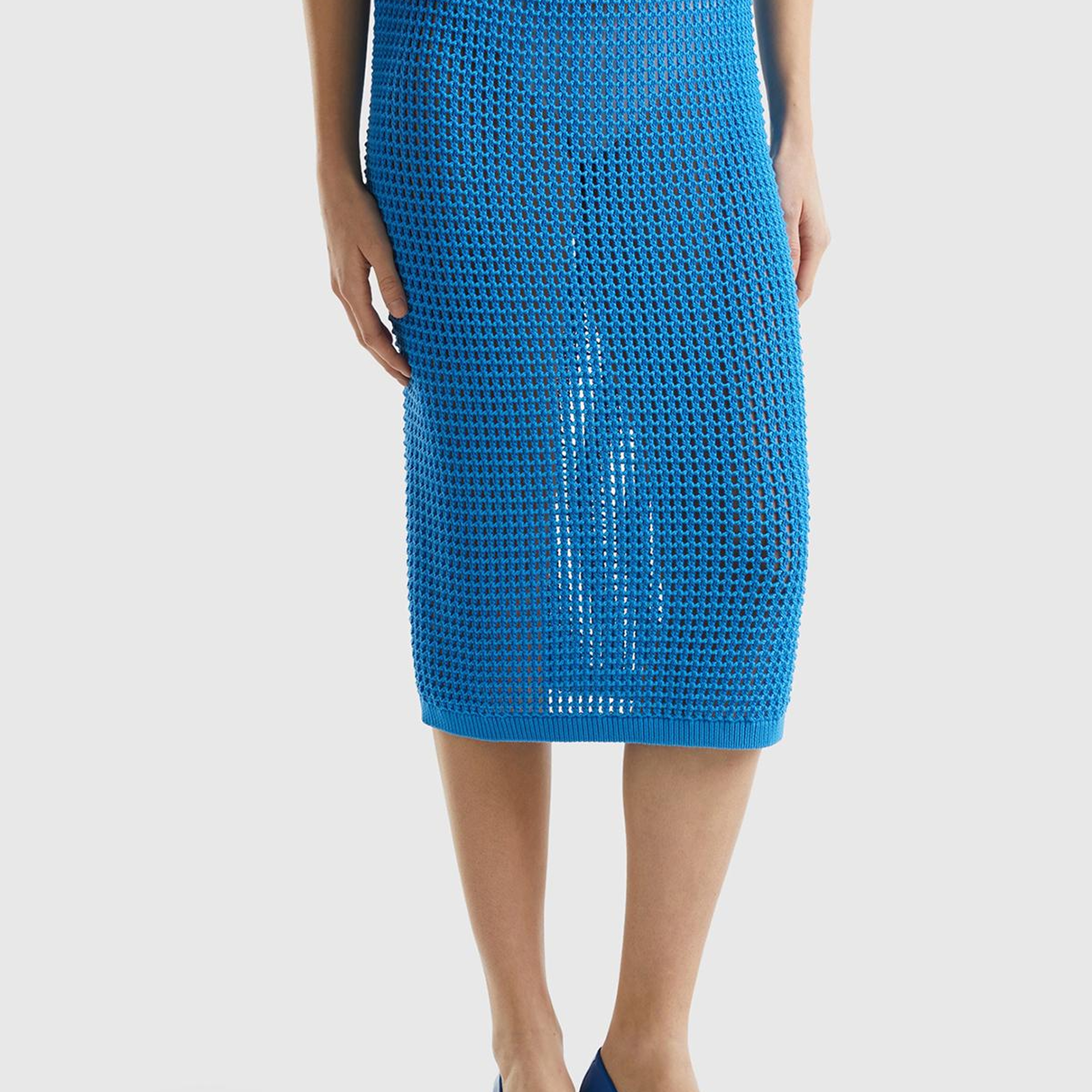 Kadın Mavi %100 Pamuk Örgü Motifli Diz Altı Etek