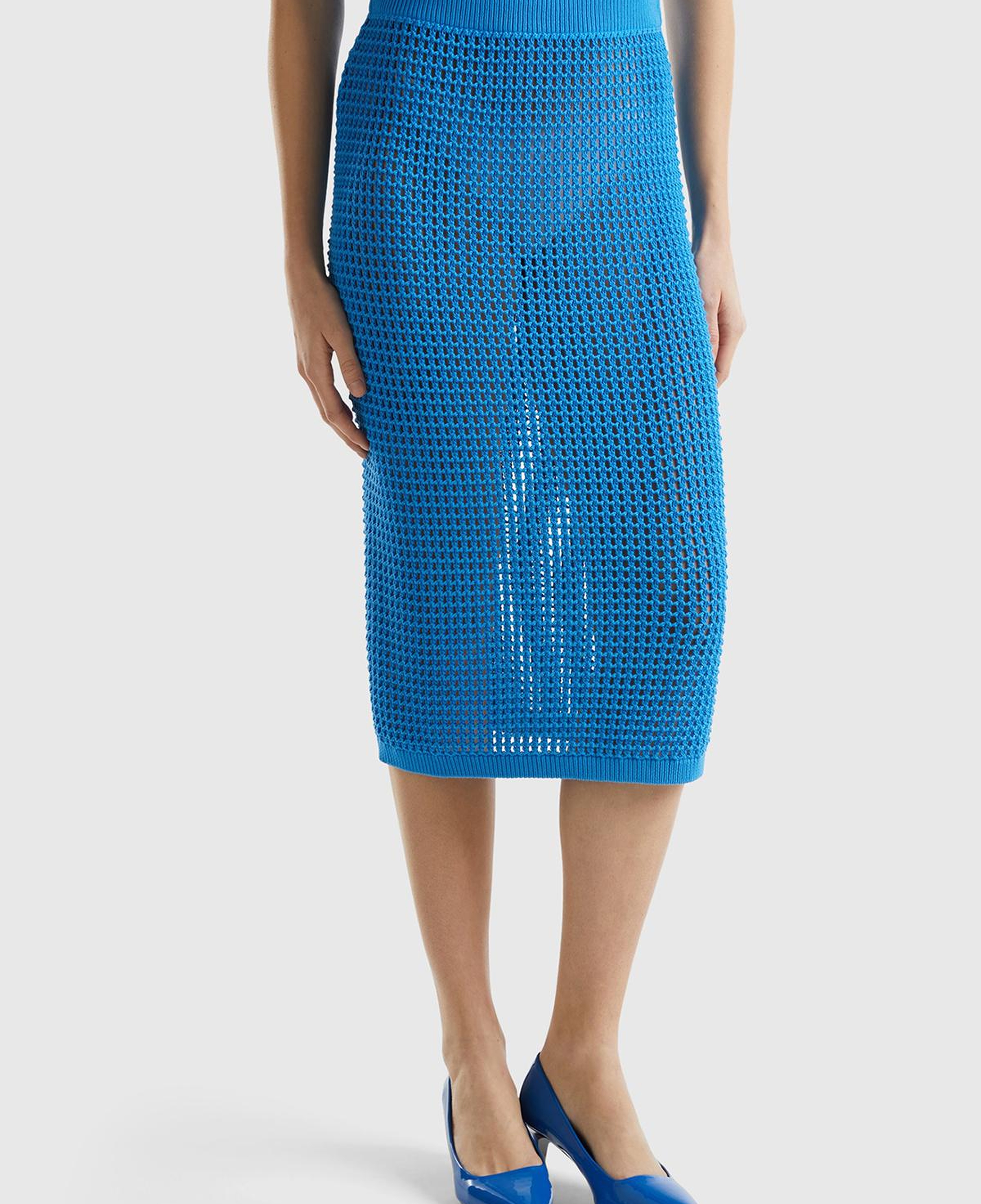 Kadın Mavi %100 Pamuk Örgü Motifli Diz Altı Etek