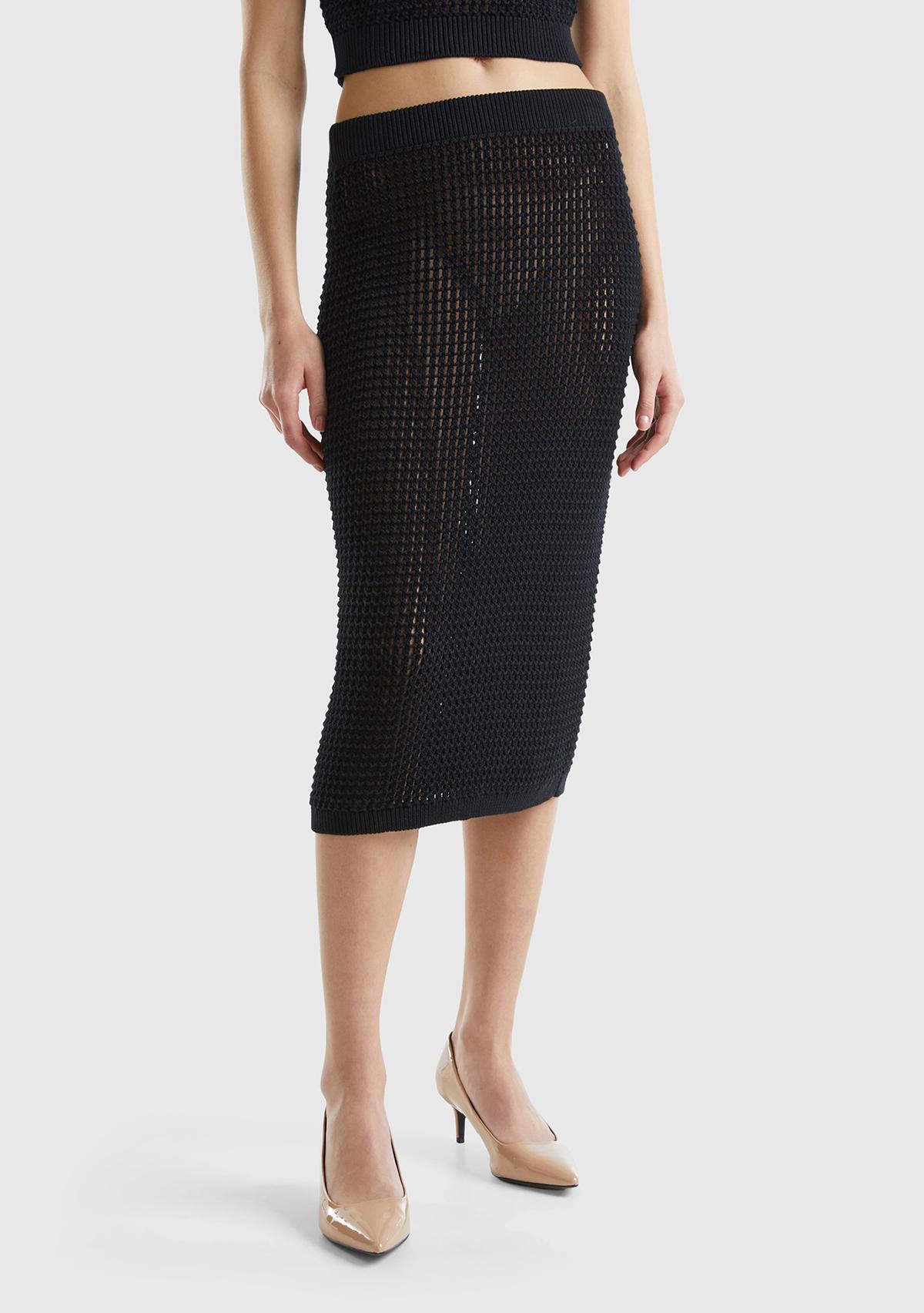 Kadın Siyah %100 Pamuk Örgü Motifli Diz Altı Etek