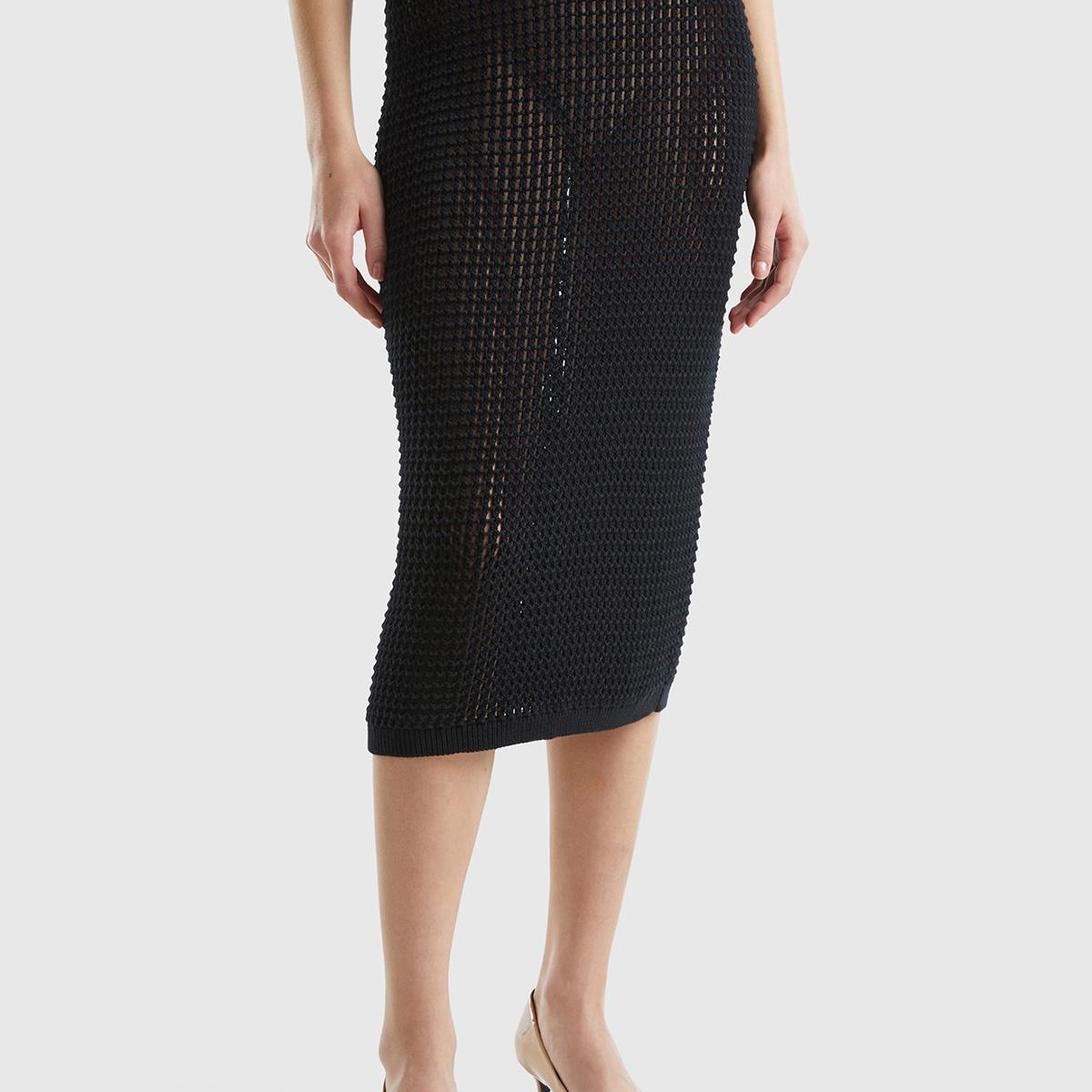 Kadın Siyah %100 Pamuk Örgü Motifli Diz Altı Etek