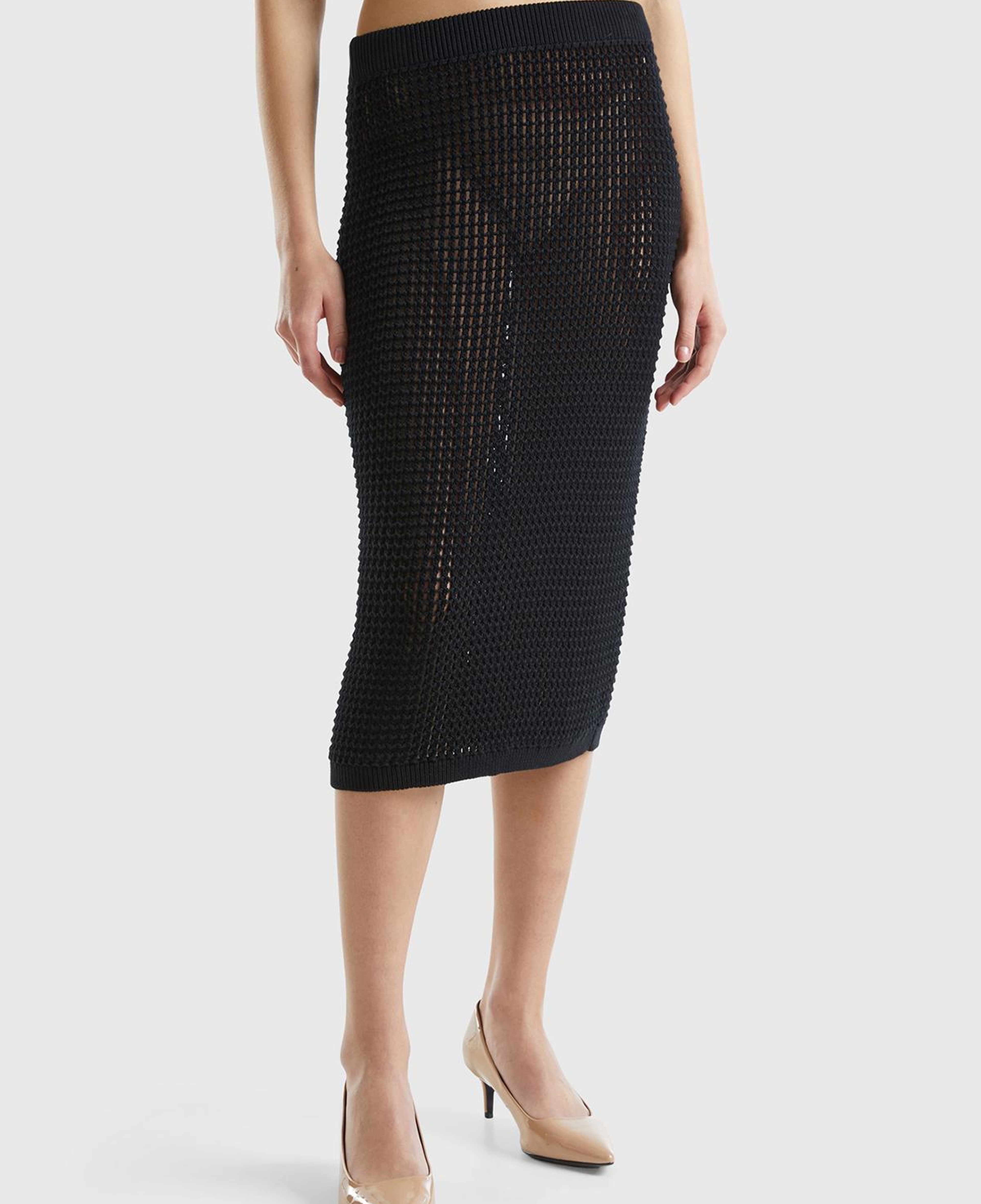 Kadın Siyah %100 Pamuk Örgü Motifli Diz Altı Etek