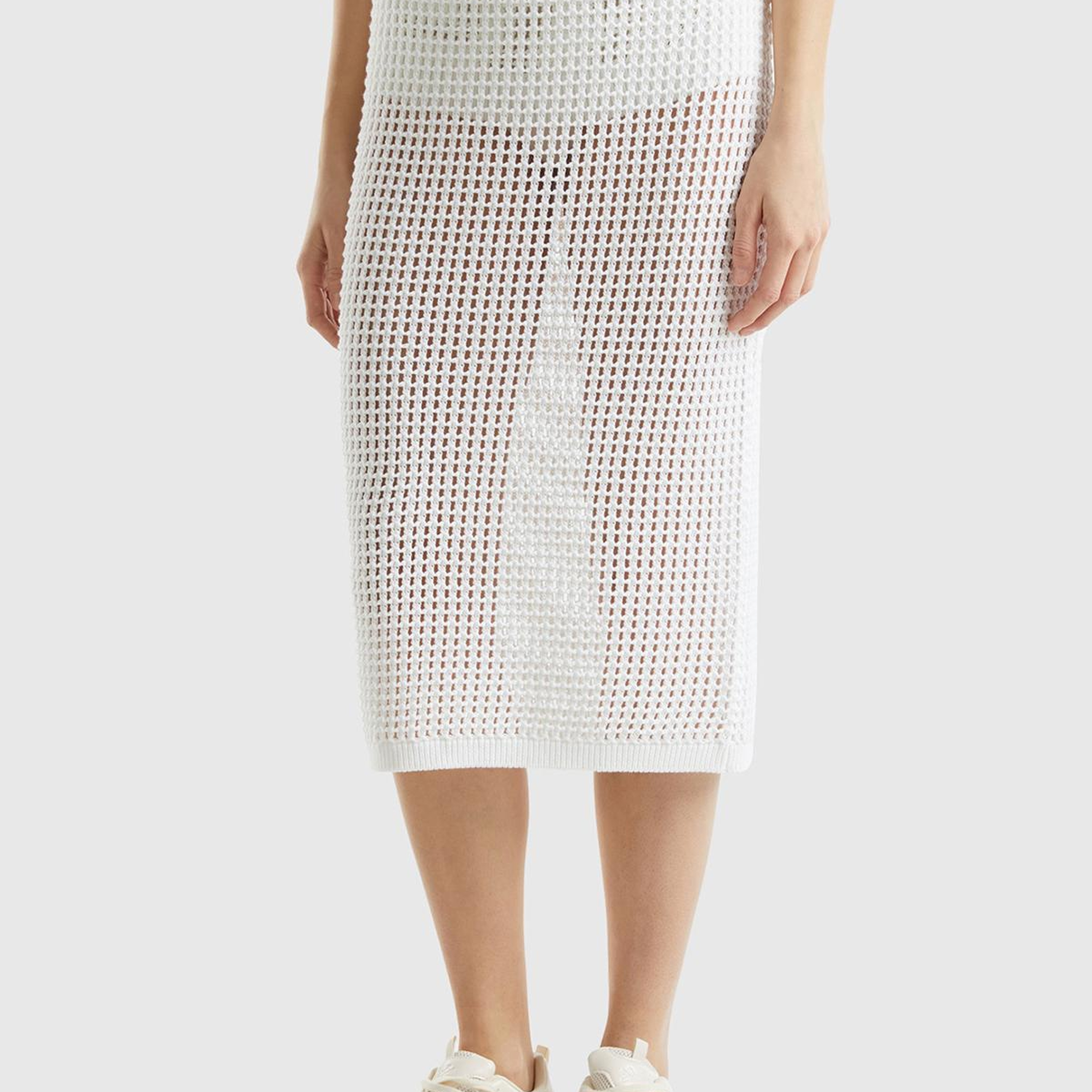 Kadın Beyaz %100 Pamuk Örgü Motifli Diz Altı Etek