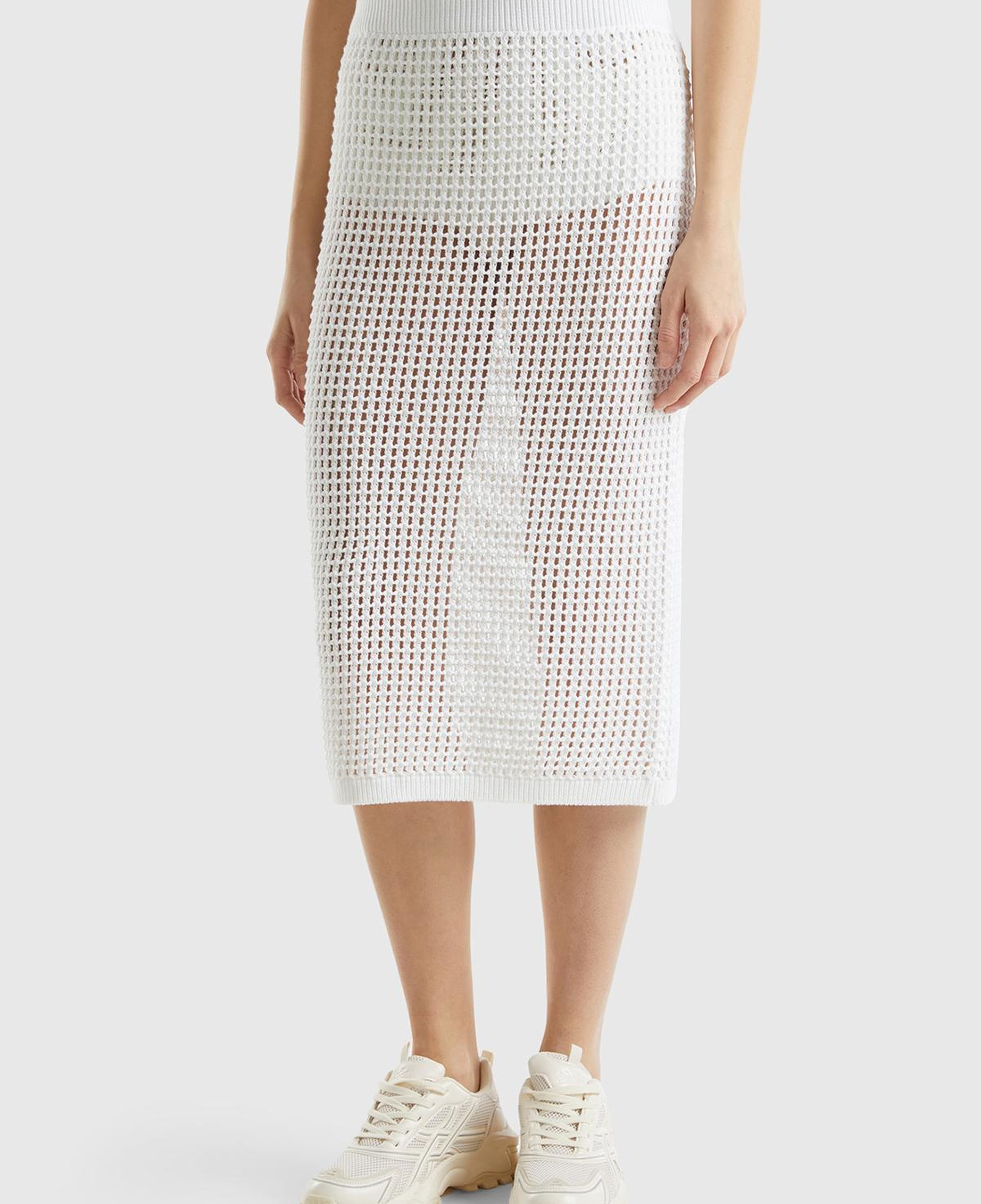 Kadın Beyaz %100 Pamuk Örgü Motifli Diz Altı Etek