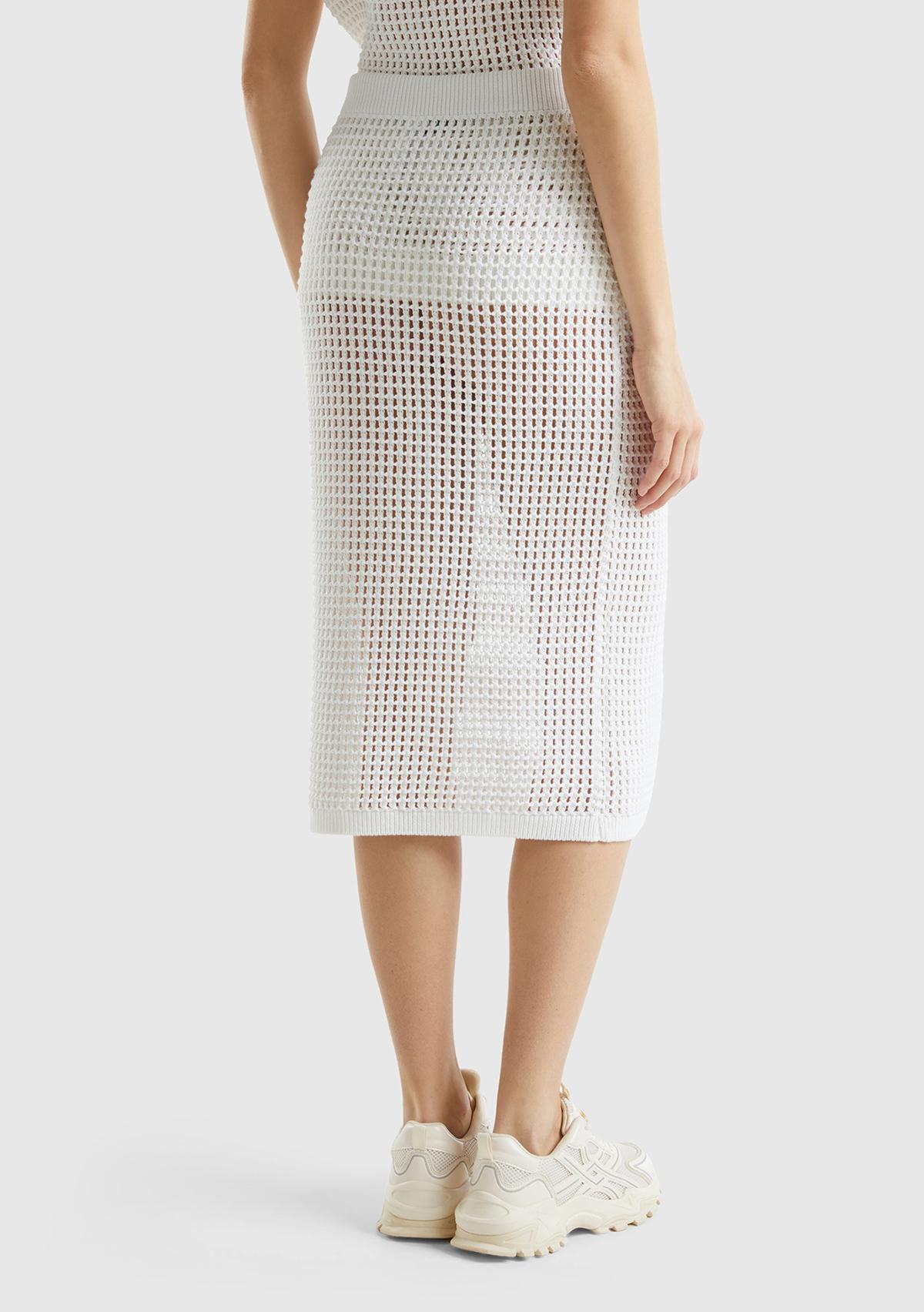 Kadın Beyaz %100 Pamuk Örgü Motifli Diz Altı Etek