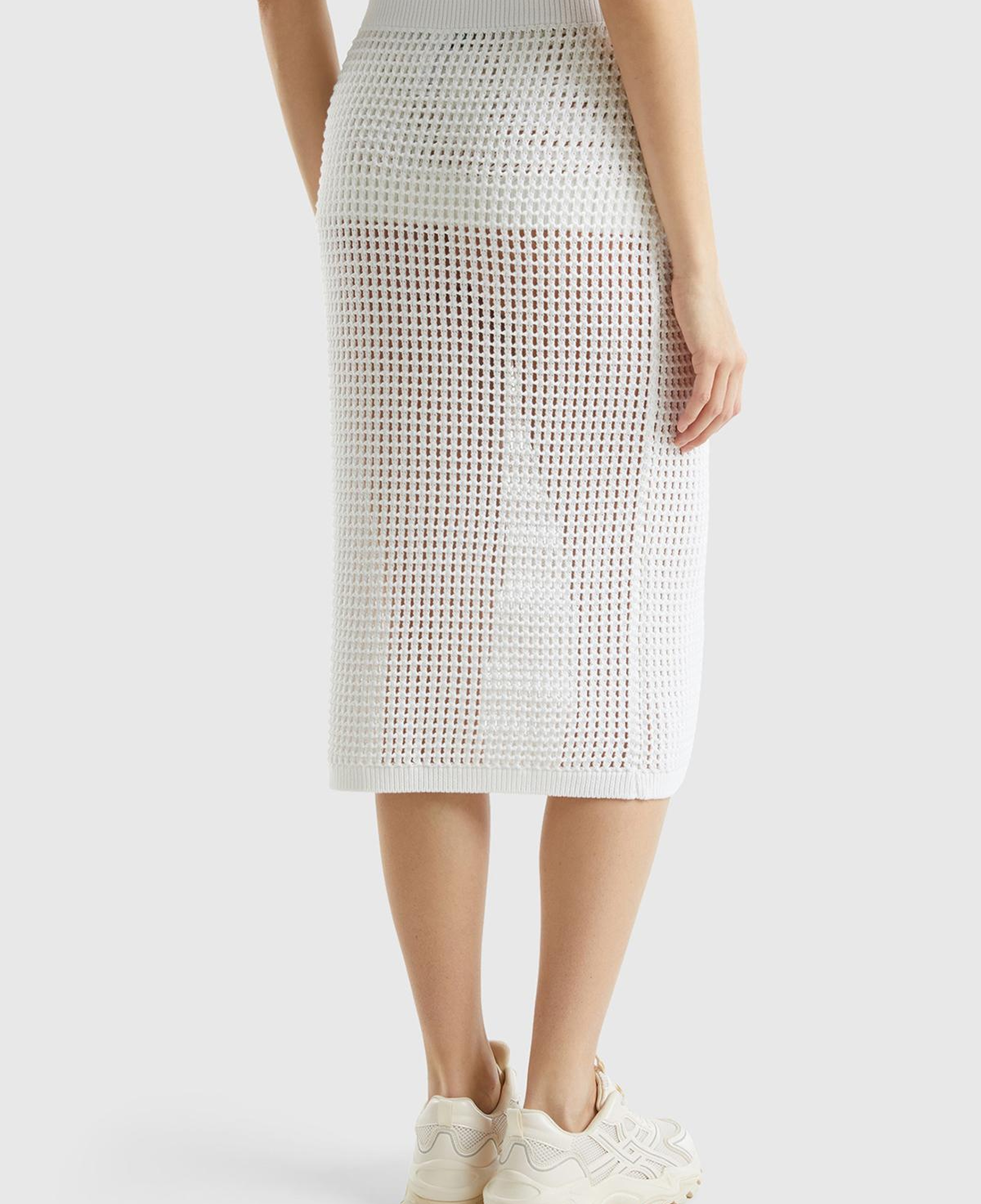 Kadın Beyaz %100 Pamuk Örgü Motifli Diz Altı Etek