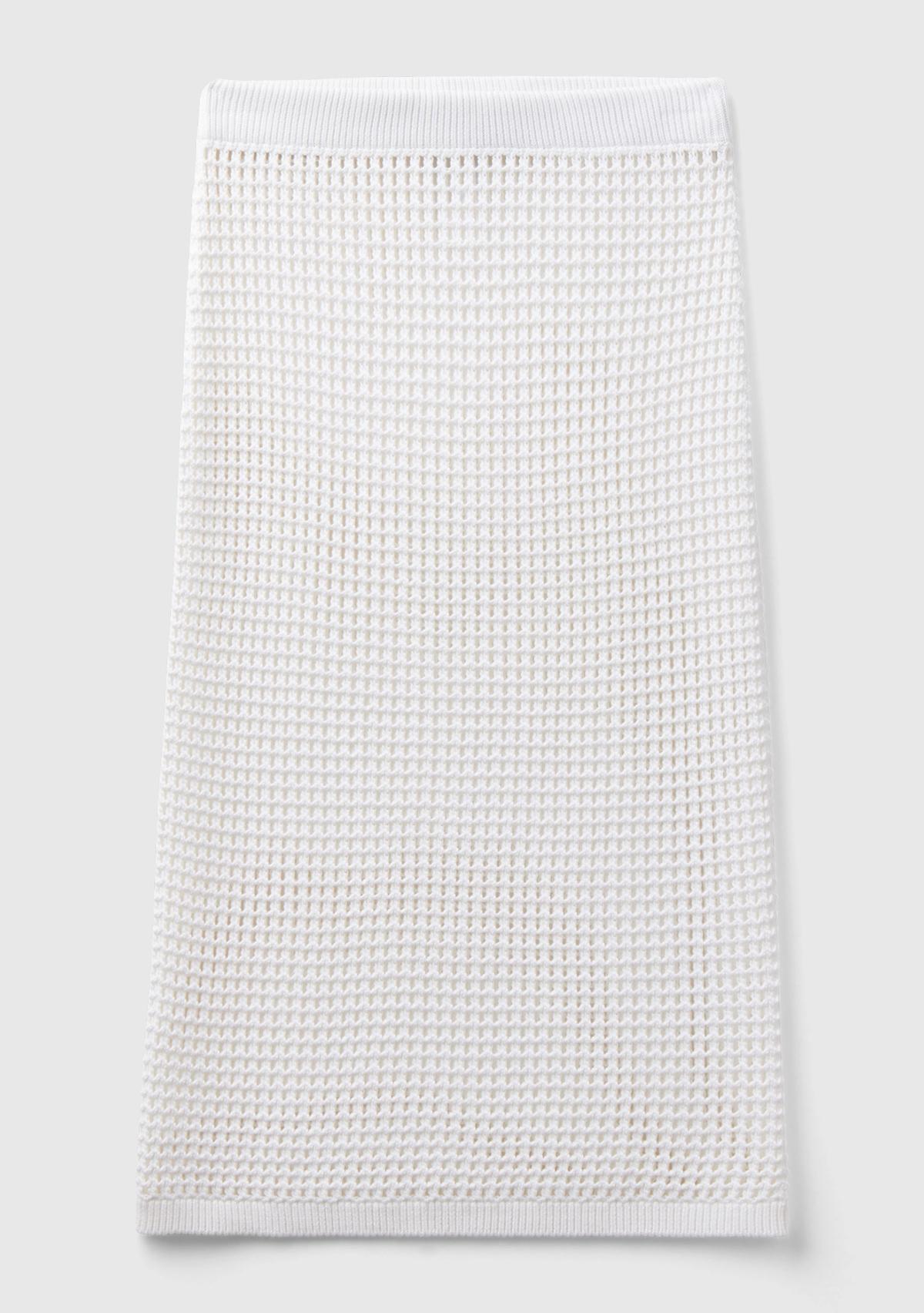 Kadın Beyaz %100 Pamuk Örgü Motifli Diz Altı Etek