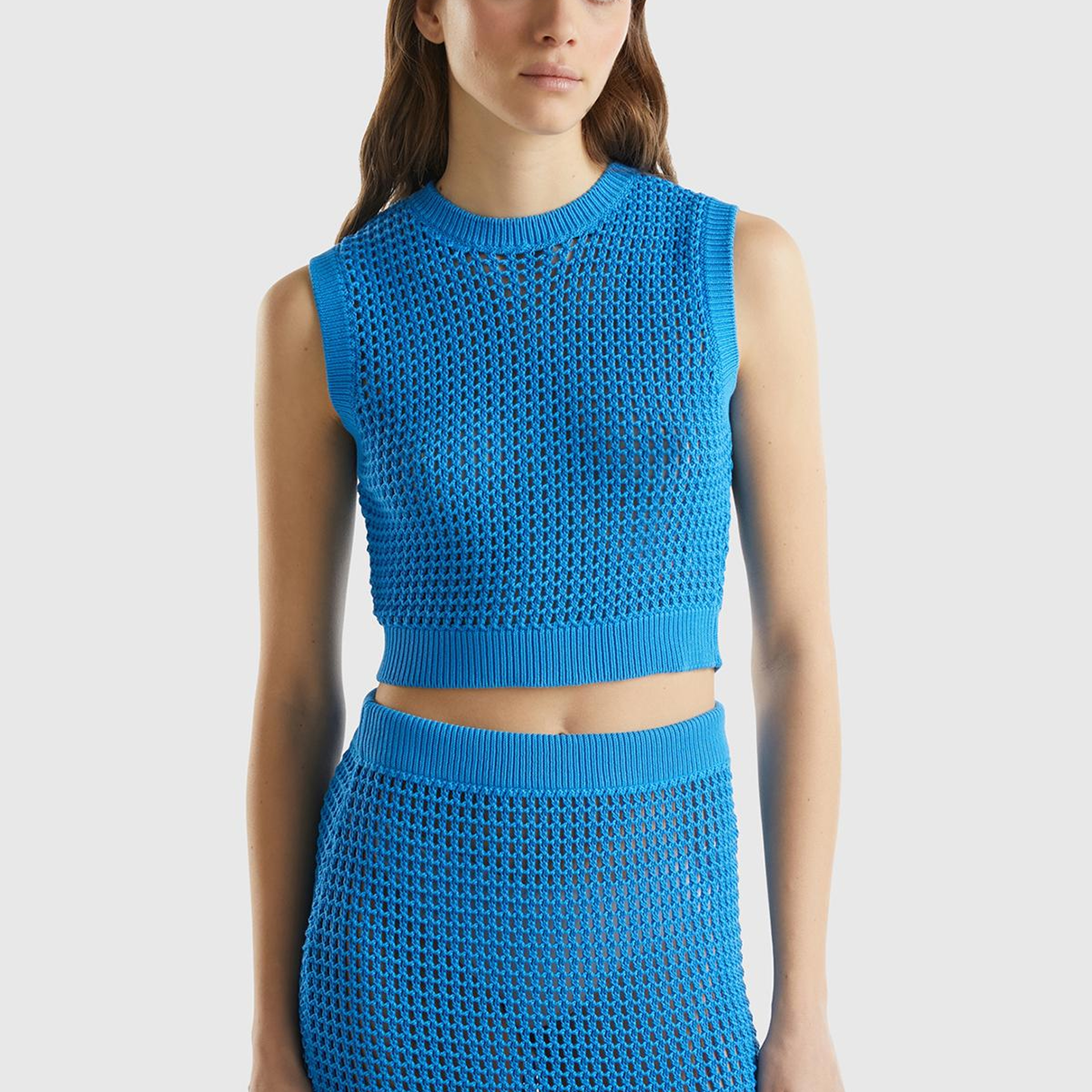 Kadın Mavi %100 Pamuk Örgü Motifli Kalın Askılı Süveter