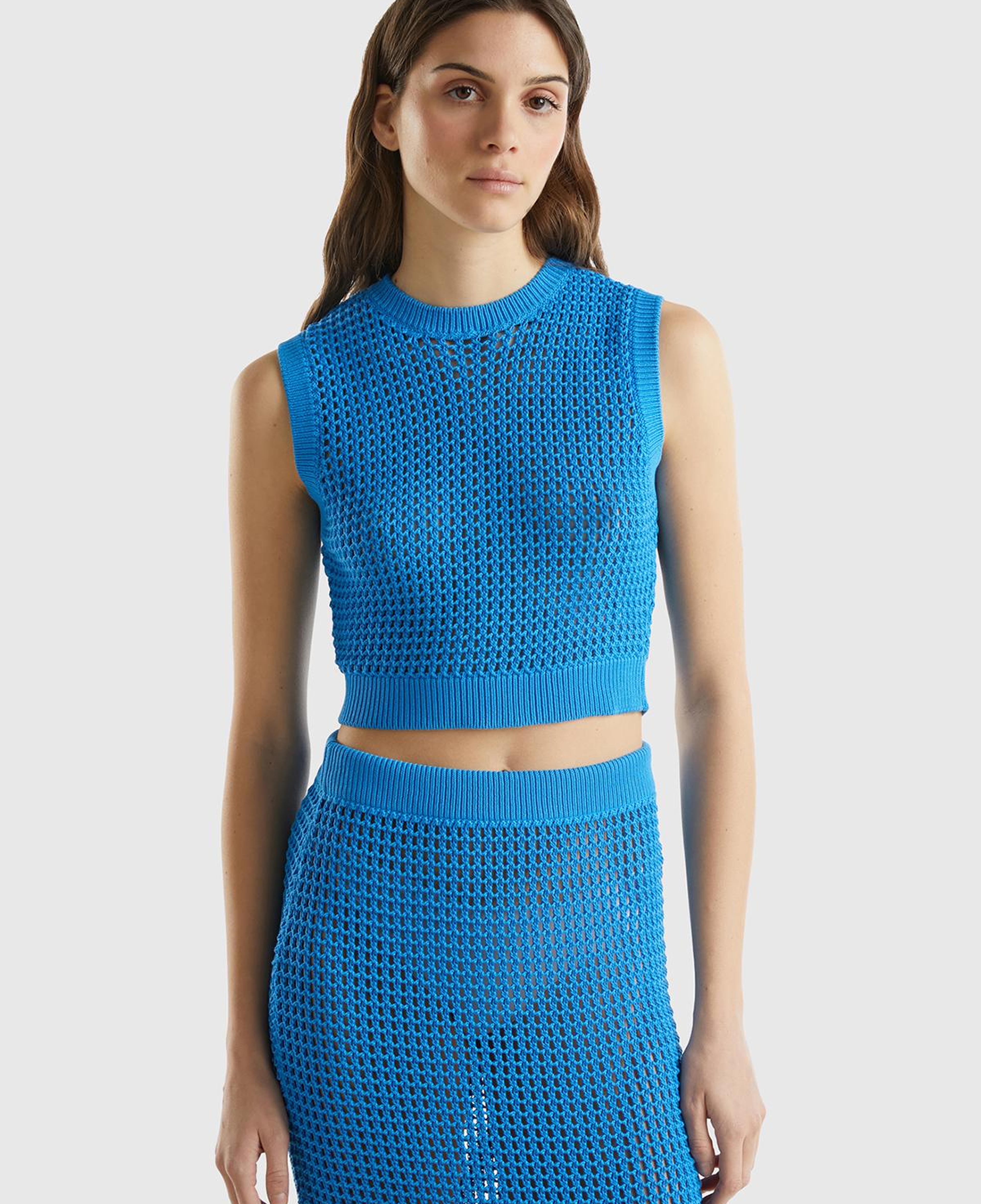 Kadın Mavi %100 Pamuk Örgü Motifli Kalın Askılı Süveter