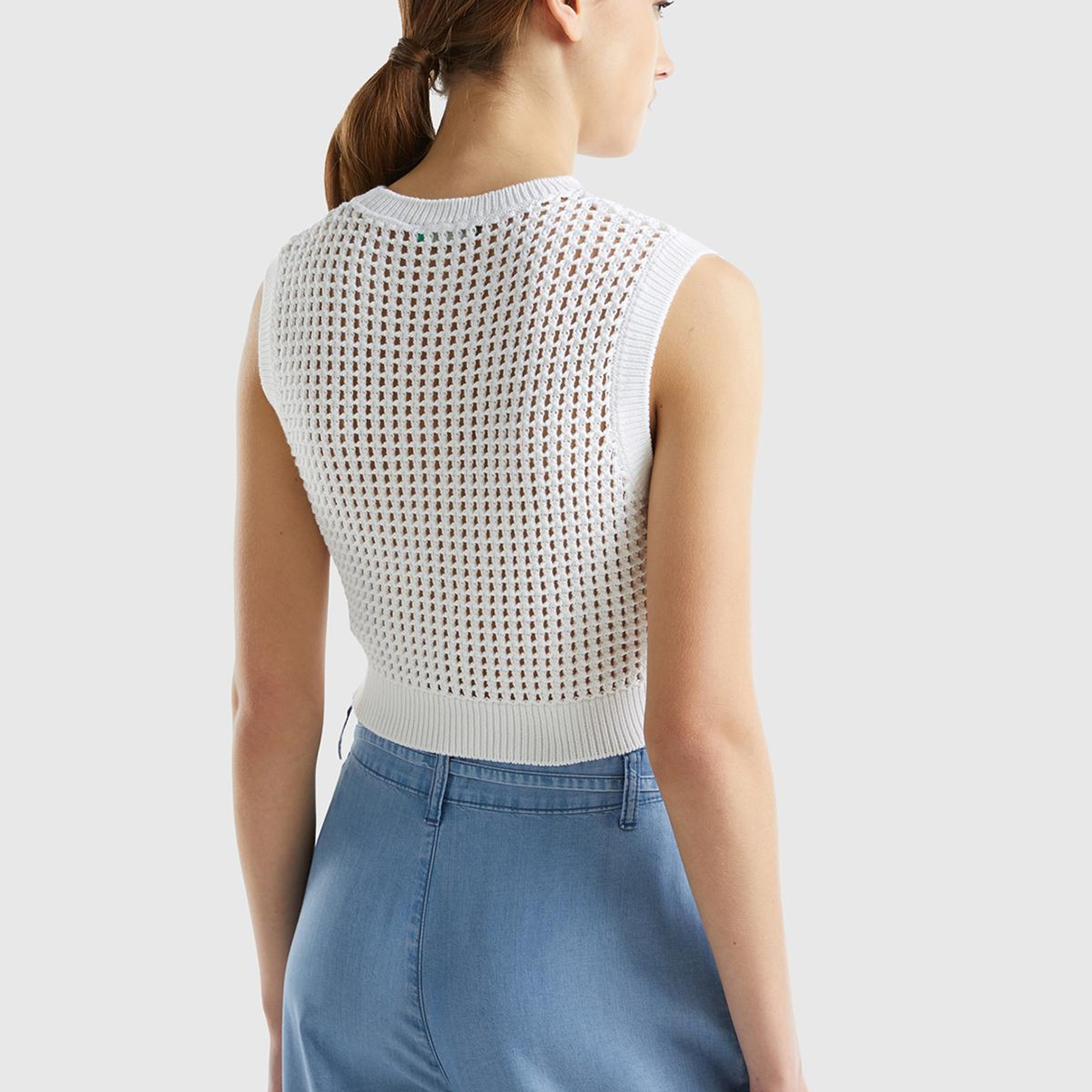 Kadın Beyaz %100 Pamuk Örgü Motifli Kalın Askılı Süveter