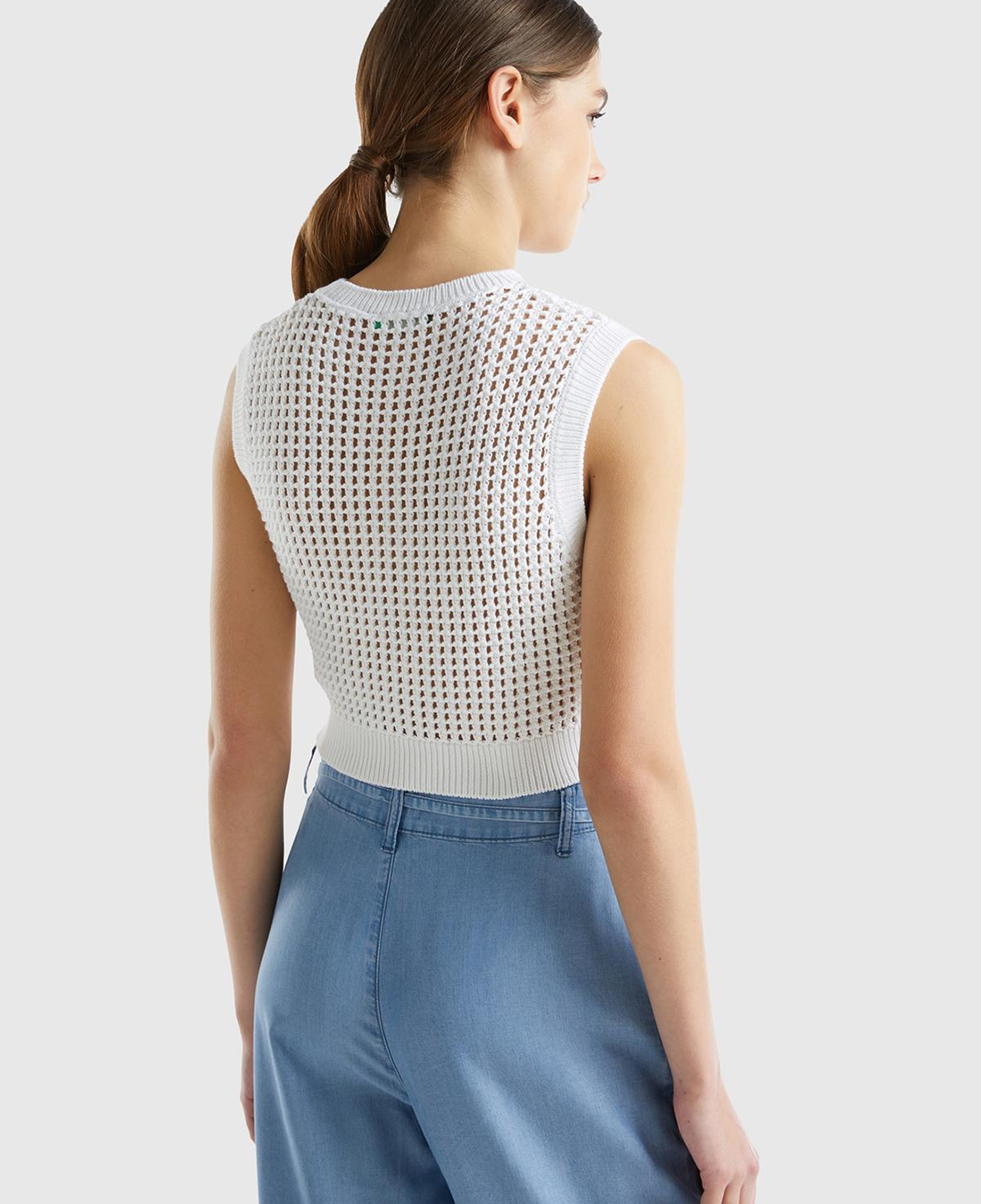 Kadın Beyaz %100 Pamuk Örgü Motifli Kalın Askılı Süveter