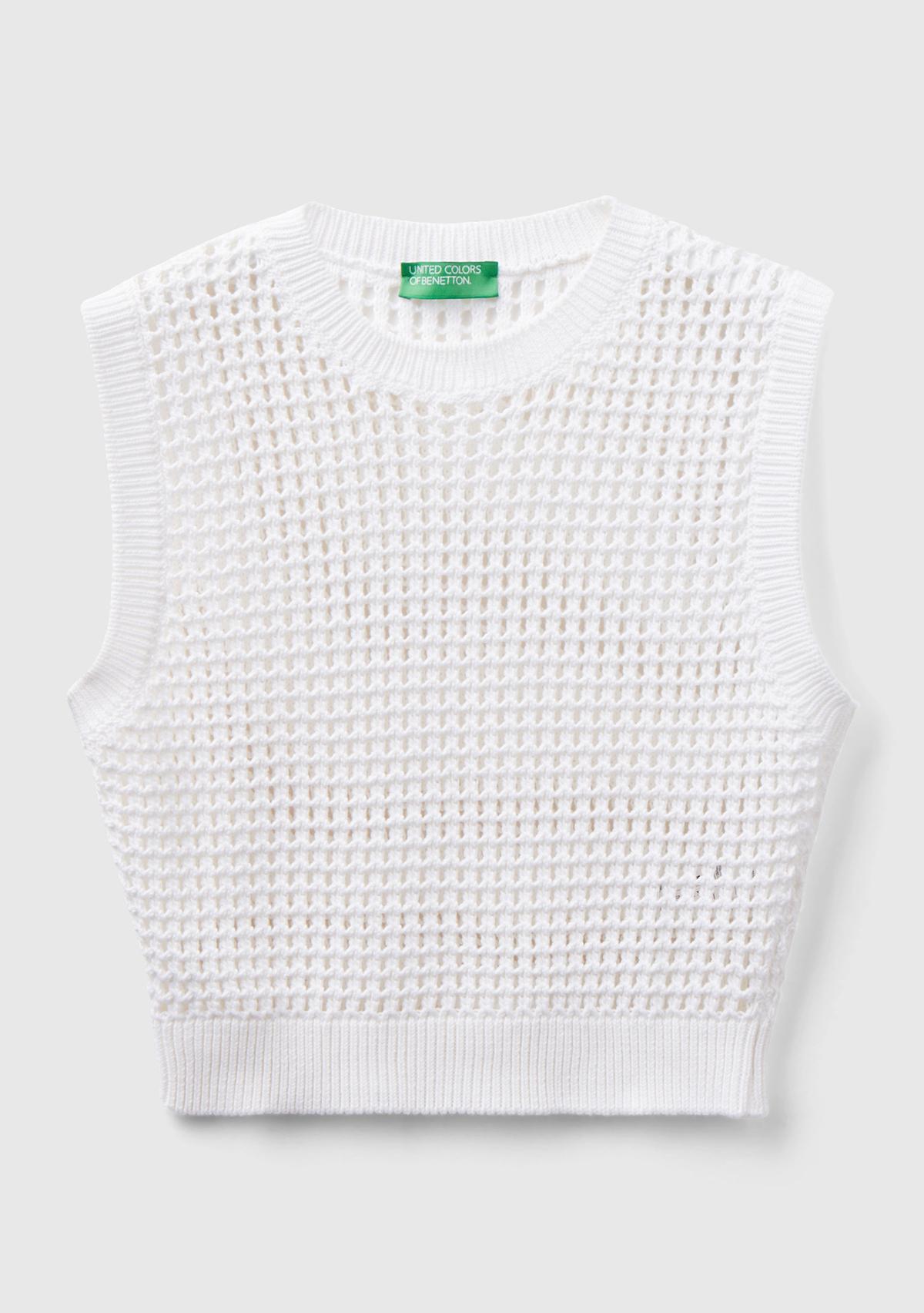 Kadın Beyaz %100 Pamuk Örgü Motifli Kalın Askılı Süveter