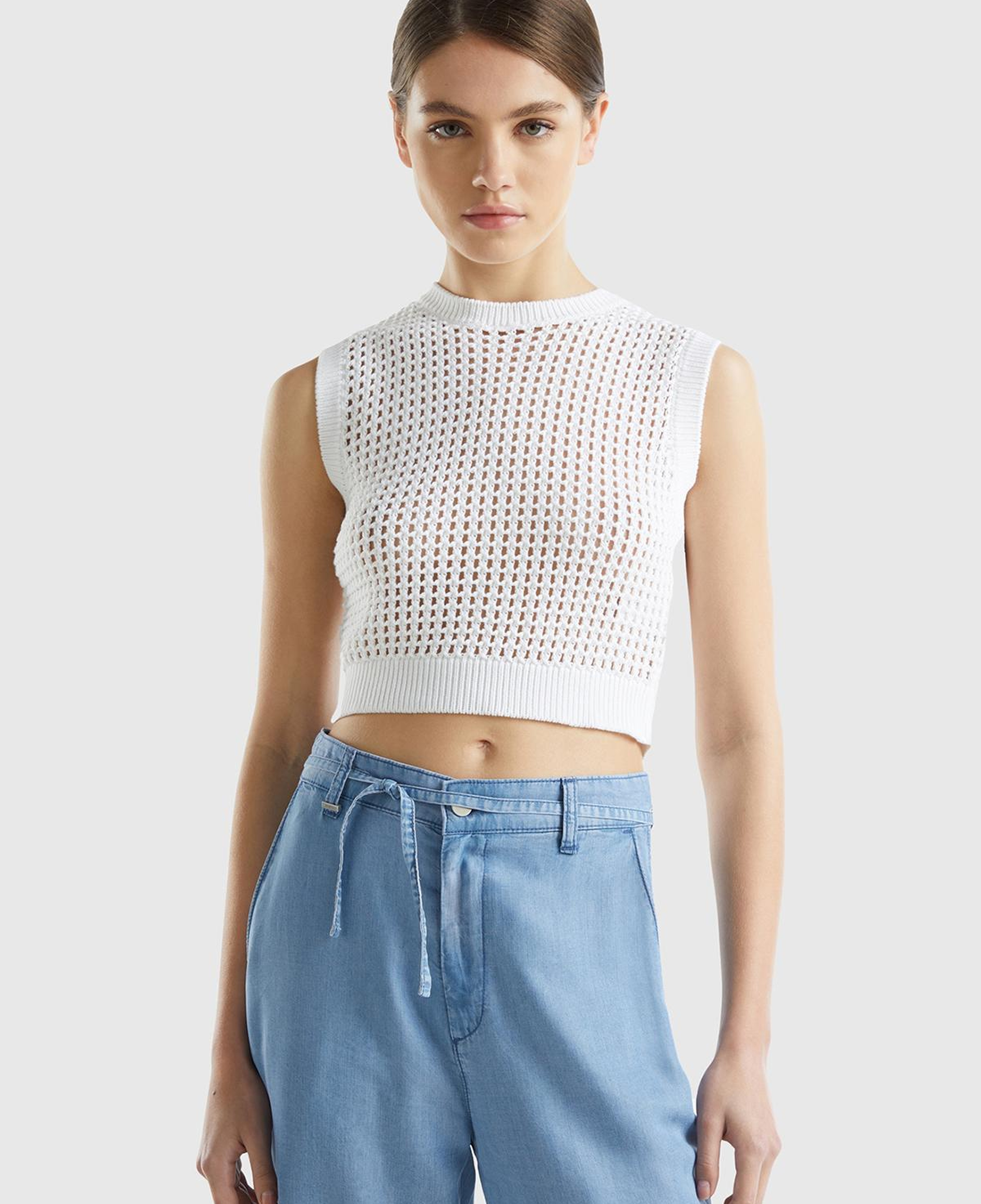 Kadın Beyaz %100 Pamuk Örgü Motifli Kalın Askılı Süveter