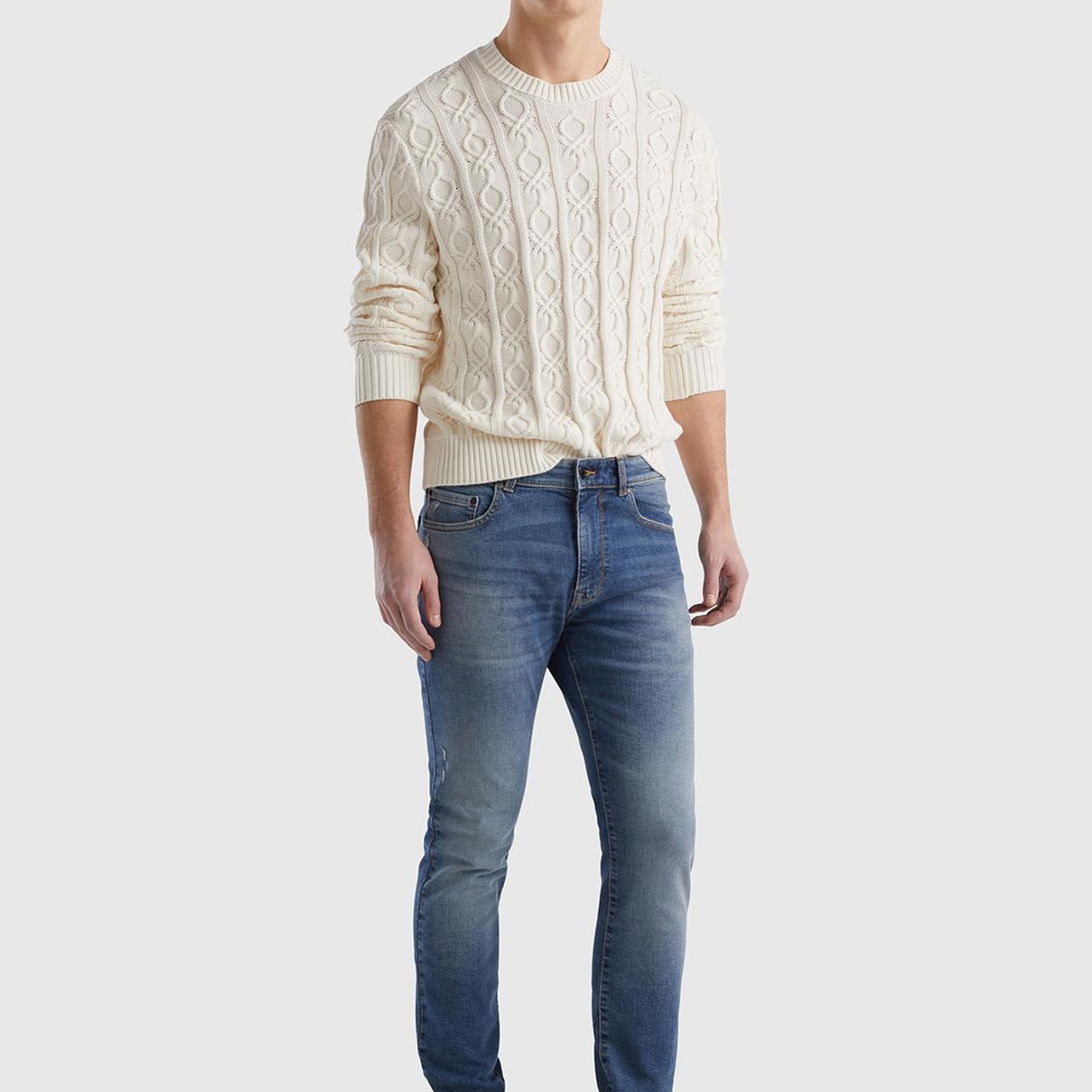 Erkek Krem %100 Koton Logo Örgü Detaylı Bisiklet Yaka Kazak