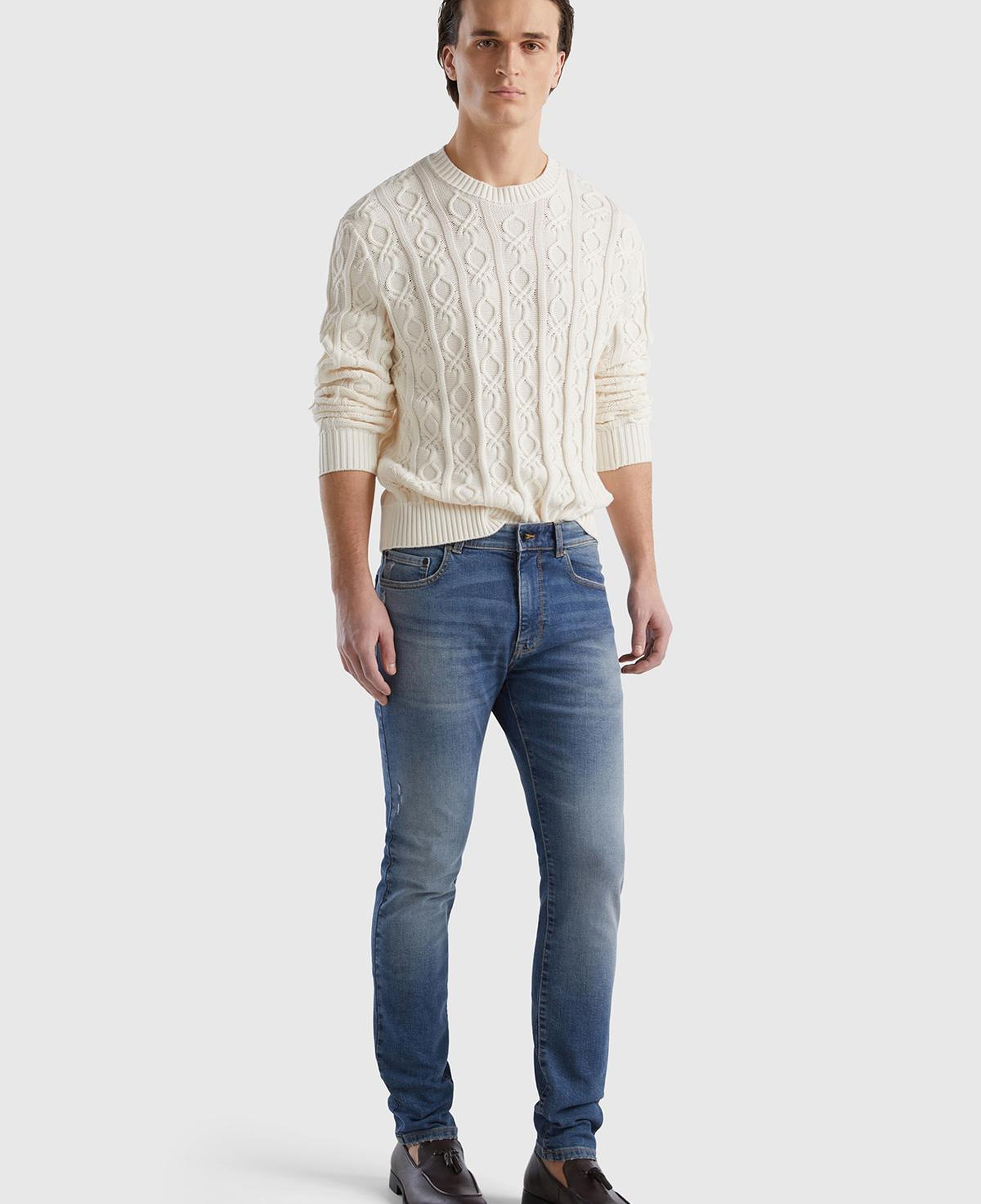 Erkek Krem %100 Koton Logo Örgü Detaylı Bisiklet Yaka Kazak