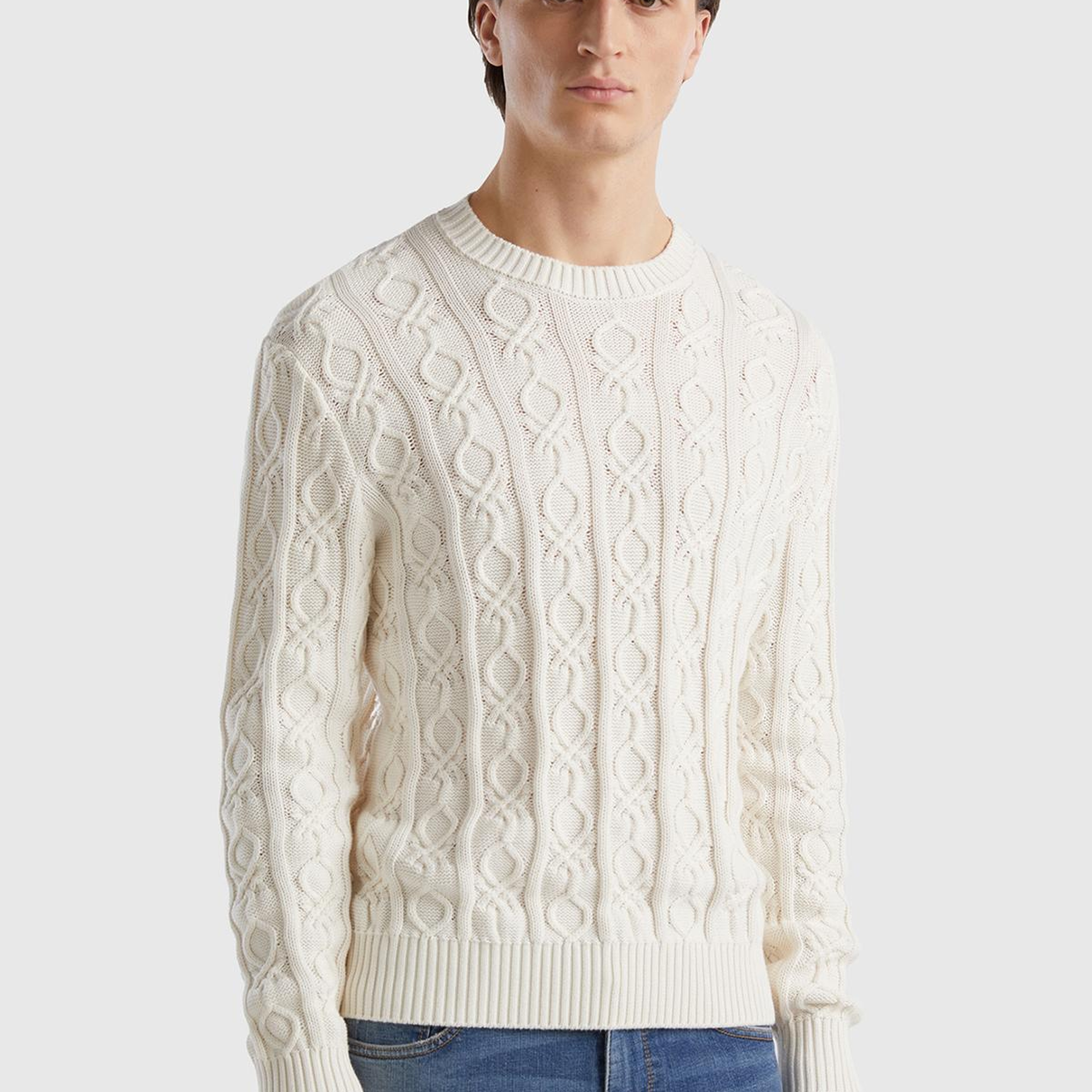 Erkek Krem %100 Koton Logo Örgü Detaylı Bisiklet Yaka Kazak