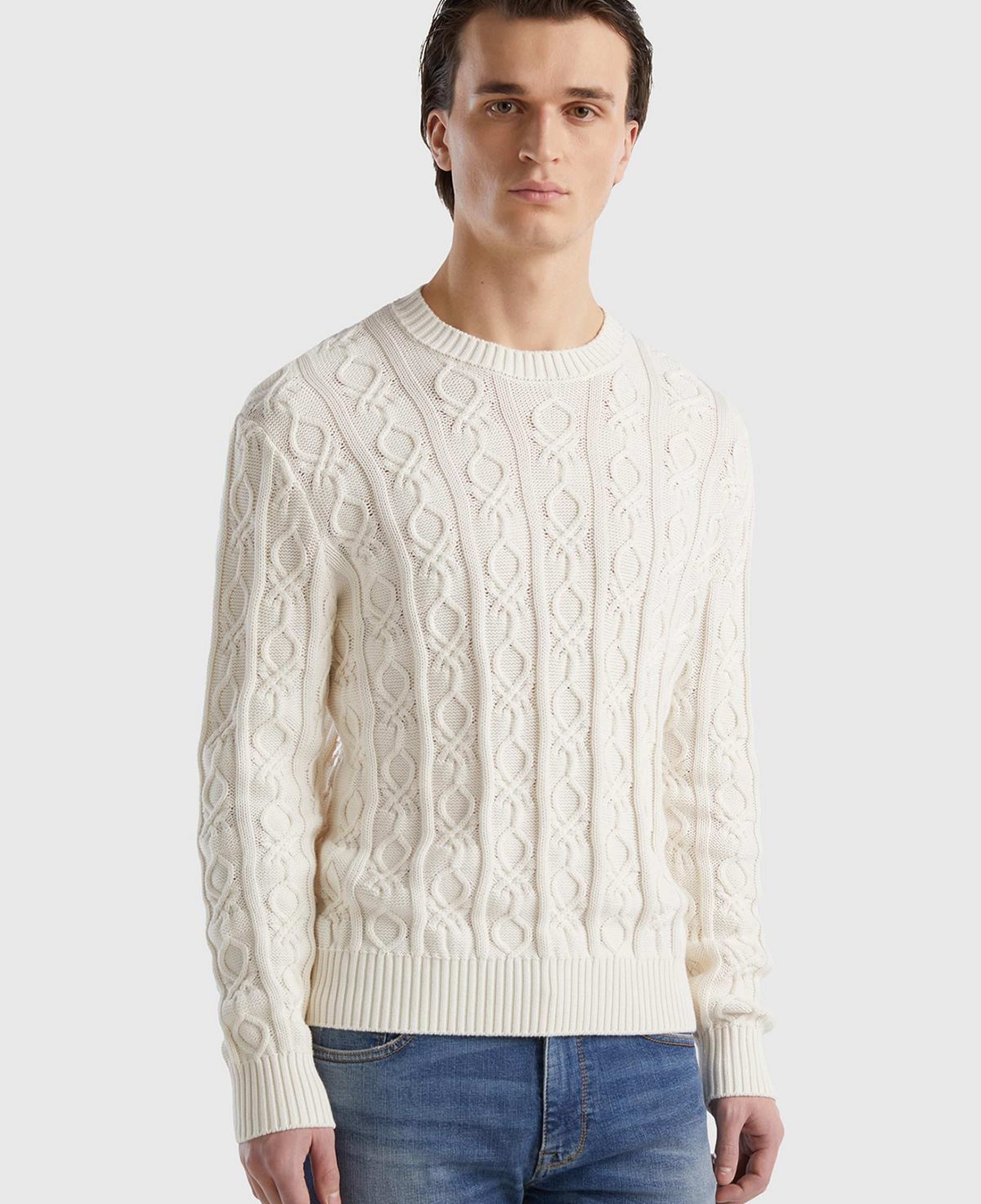 Erkek Krem %100 Koton Logo Örgü Detaylı Bisiklet Yaka Kazak