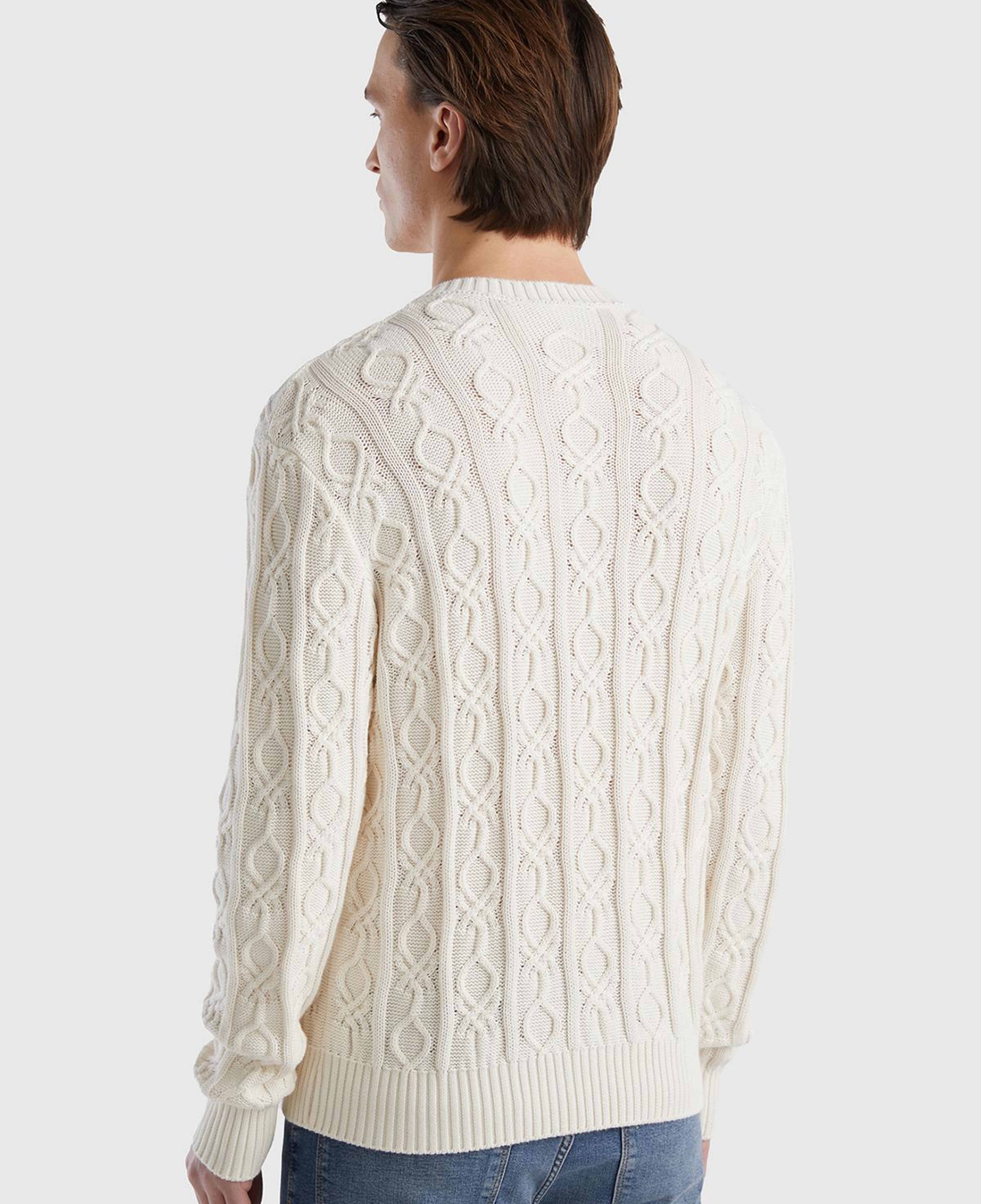 Erkek Krem %100 Koton Logo Örgü Detaylı Bisiklet Yaka Kazak