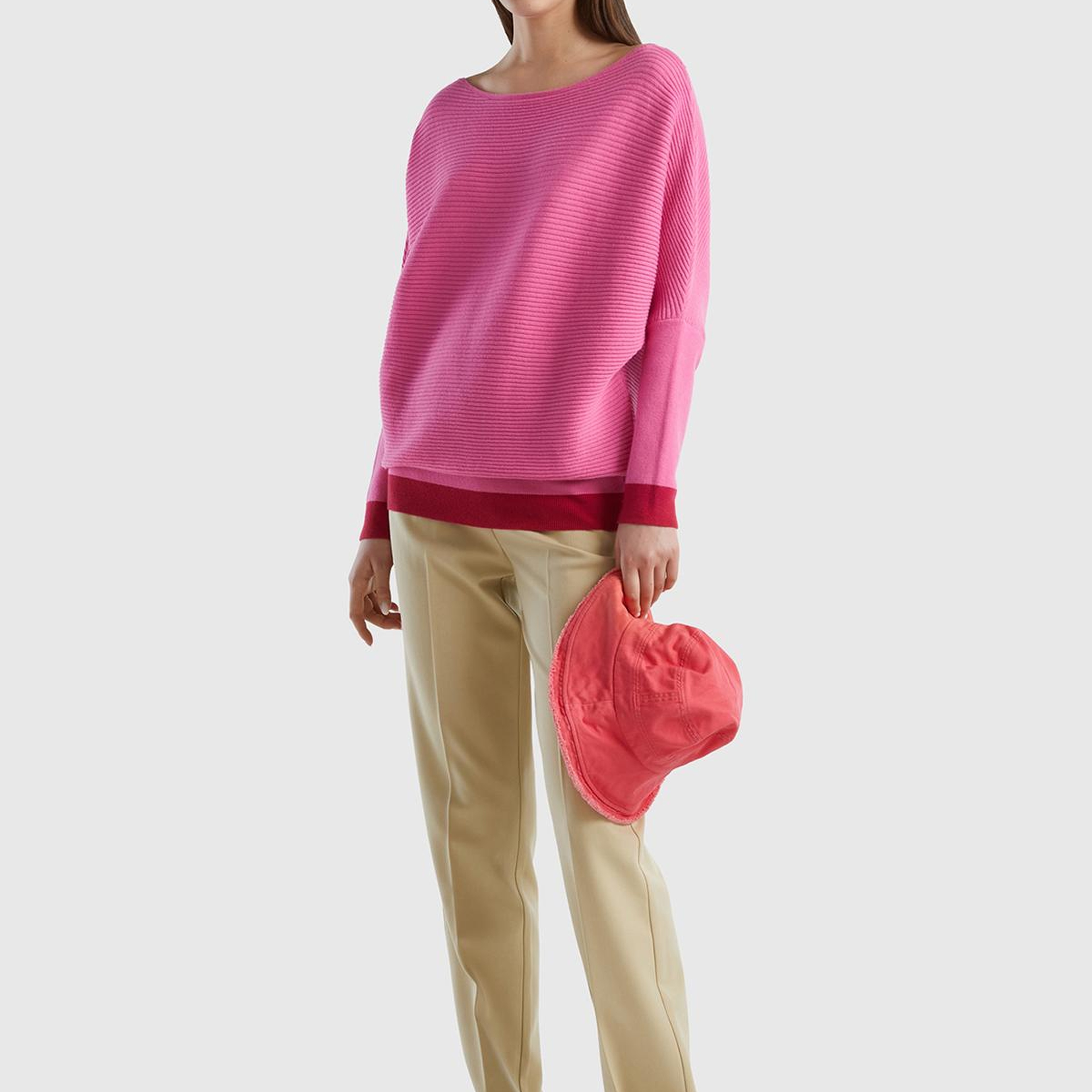 Kadın Pembe Viskoz Karışımlı Bilek Detaylı Çizgili Kayık Yaka Kazak