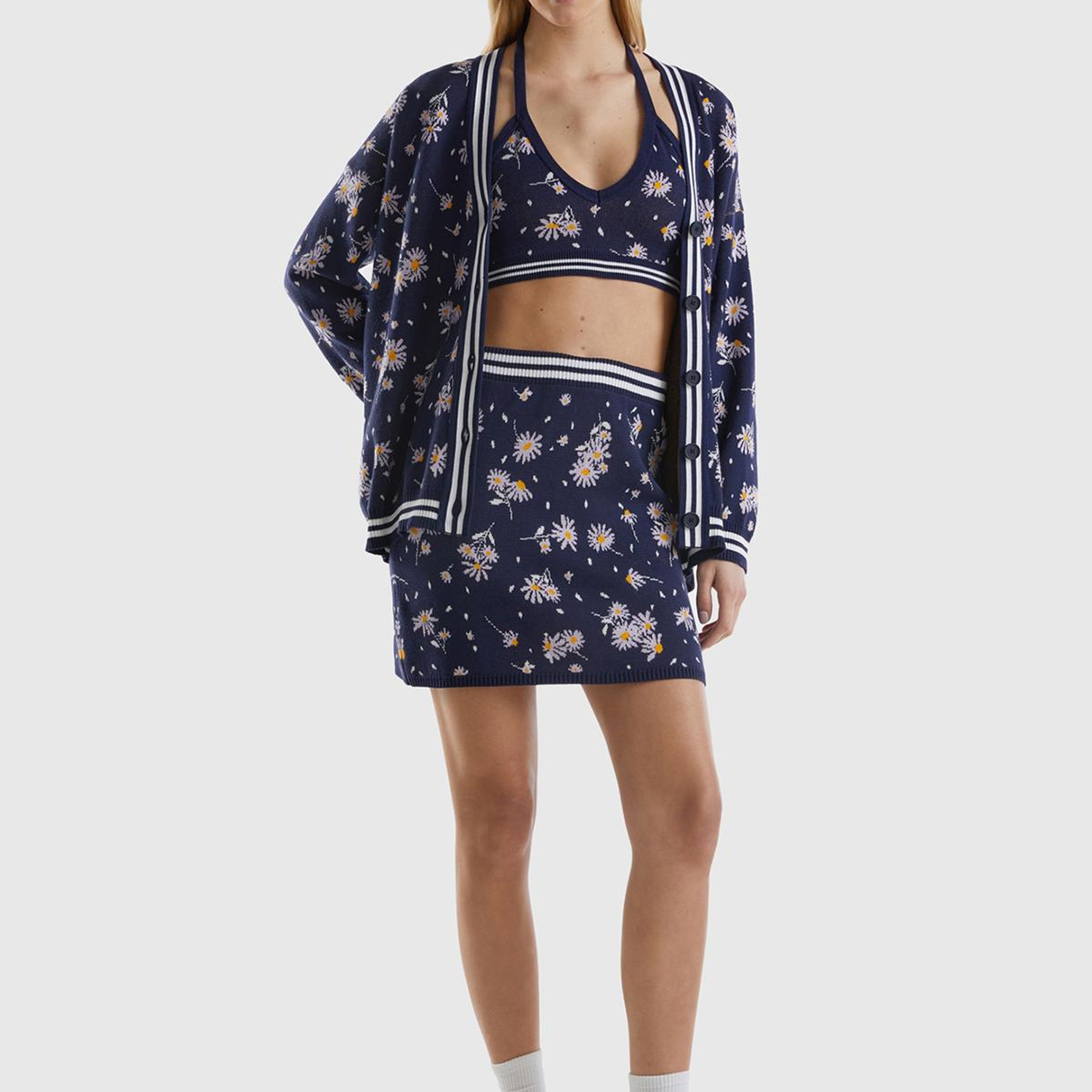 Kadın Koyu Lacivert %100 Pamuk Çiçek Desenli Bel Detaylı Mini Etek