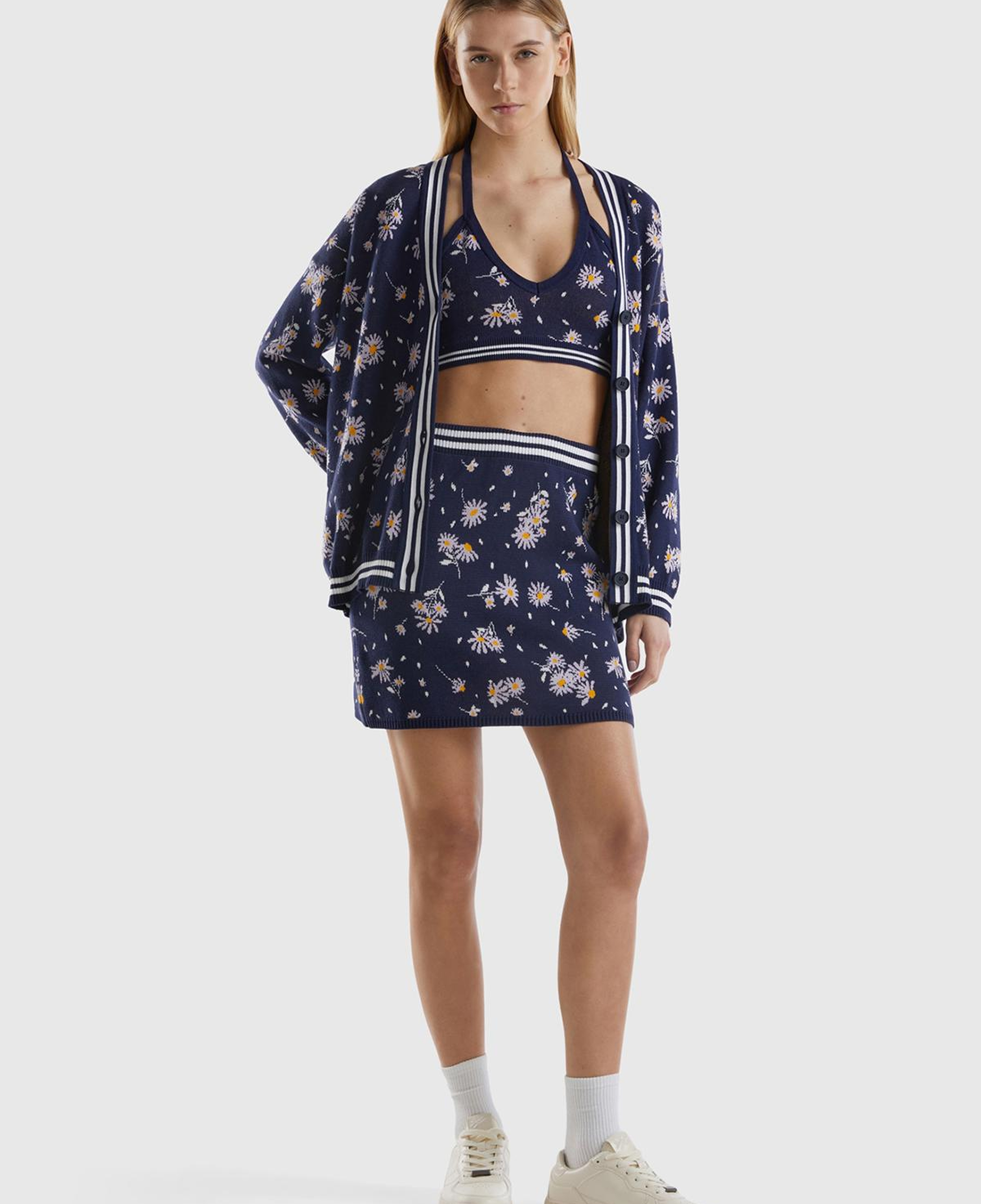 Kadın Koyu Lacivert %100 Pamuk Çiçek Desenli Bel Detaylı Mini Etek