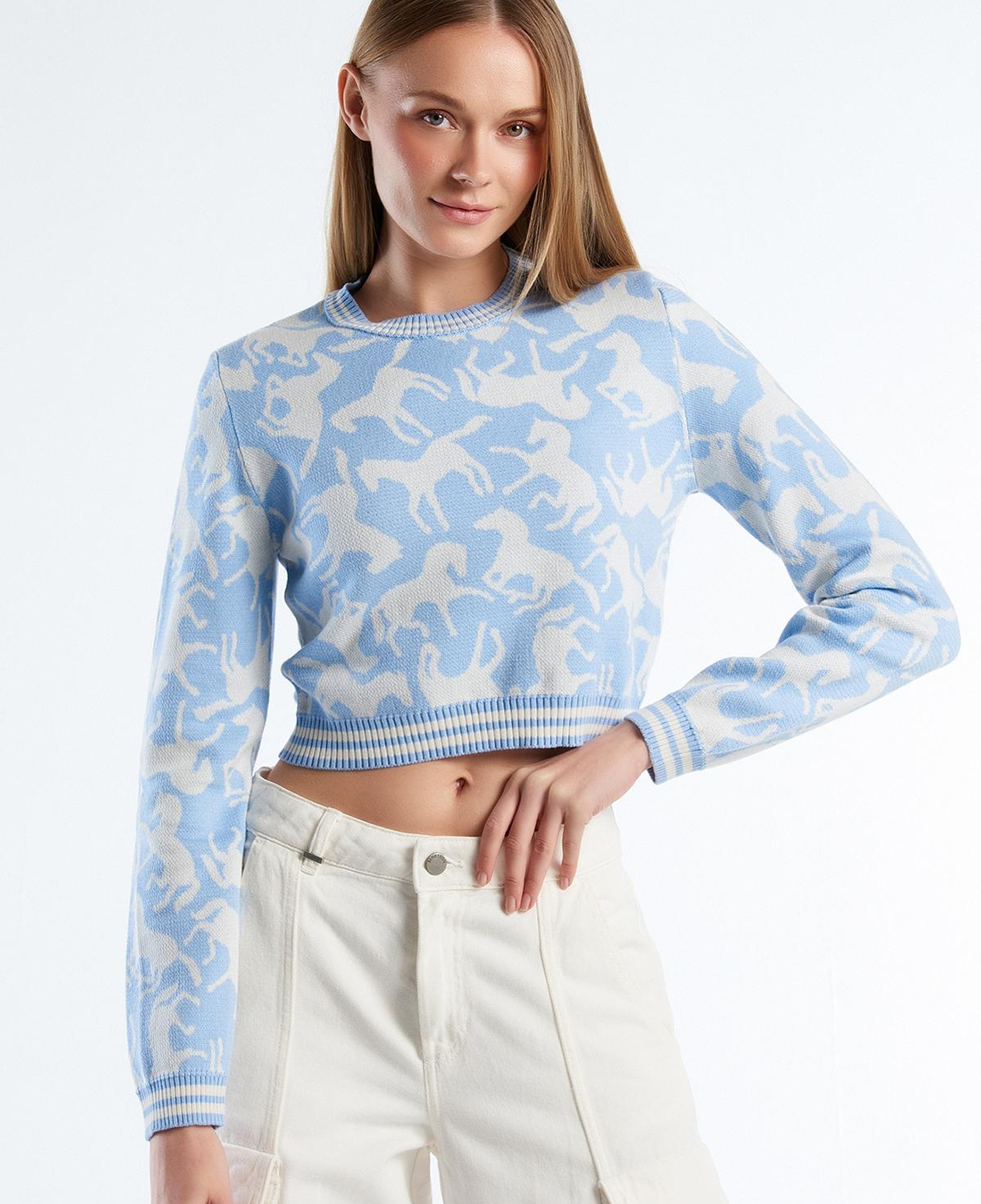 Kadın Açık Mavi %100 Koton At Desenli Crop Kazak