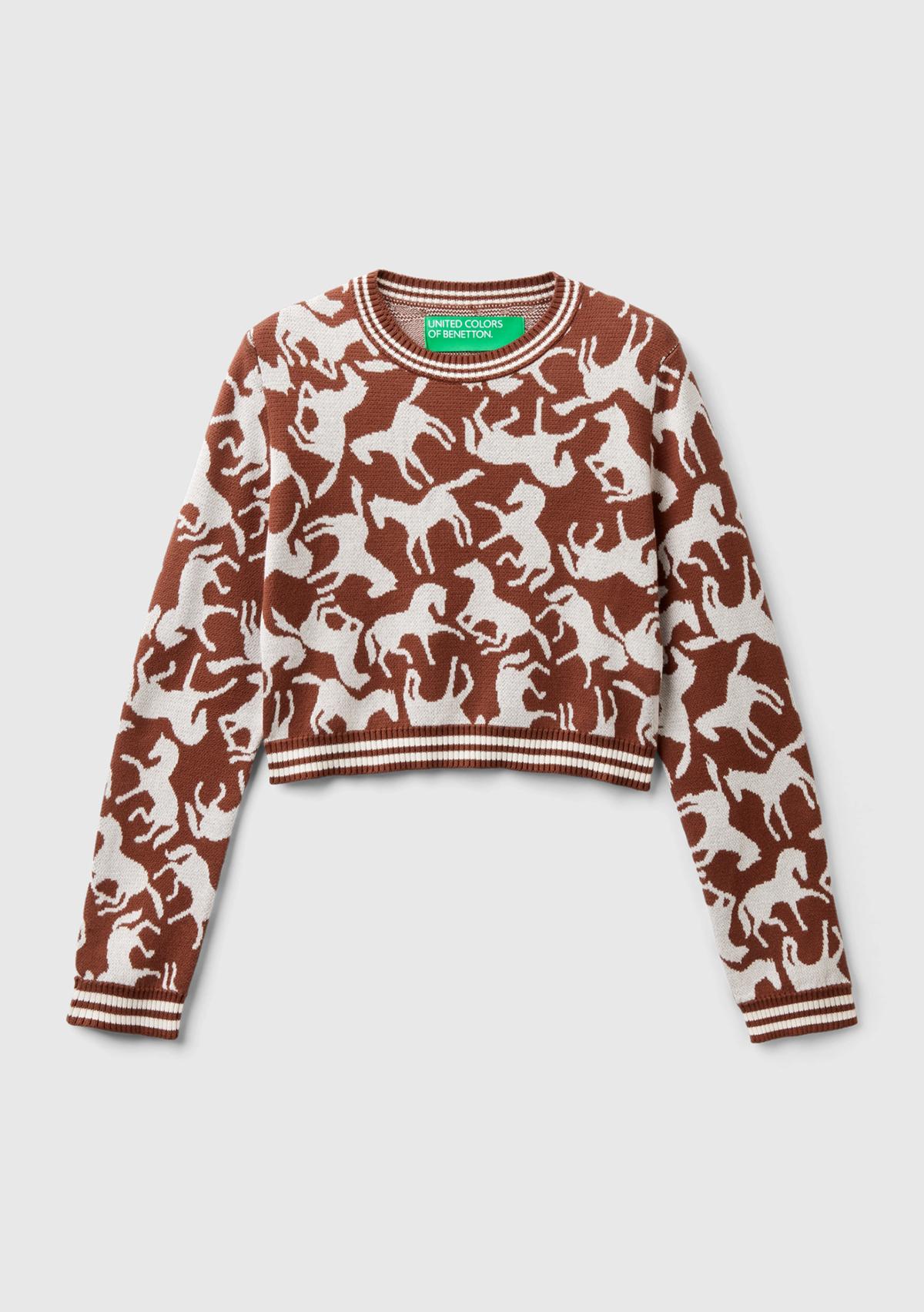 Kadın Kahverengi %100 Koton At Desenli Crop Kazak