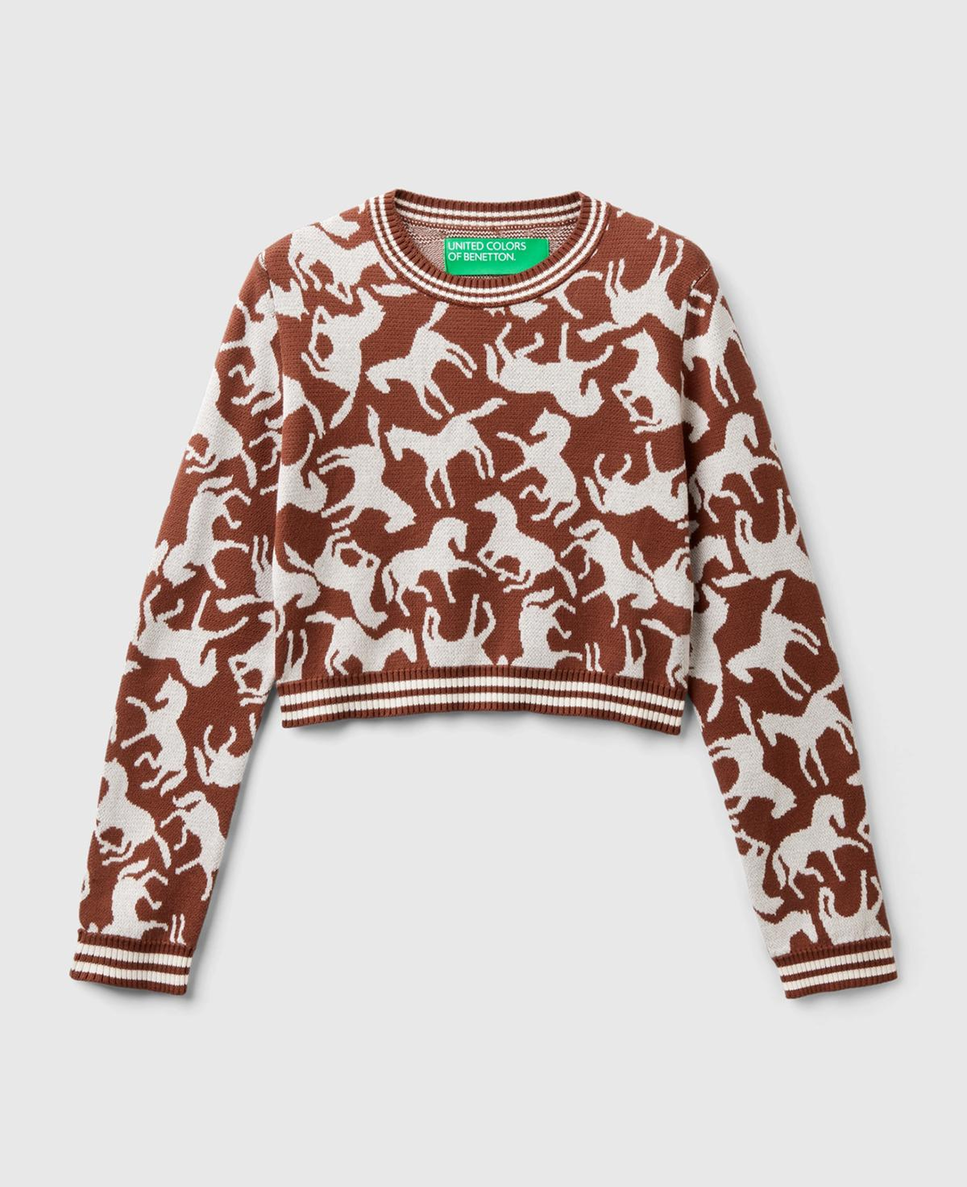 Kadın Kahverengi %100 Koton At Desenli Crop Kazak