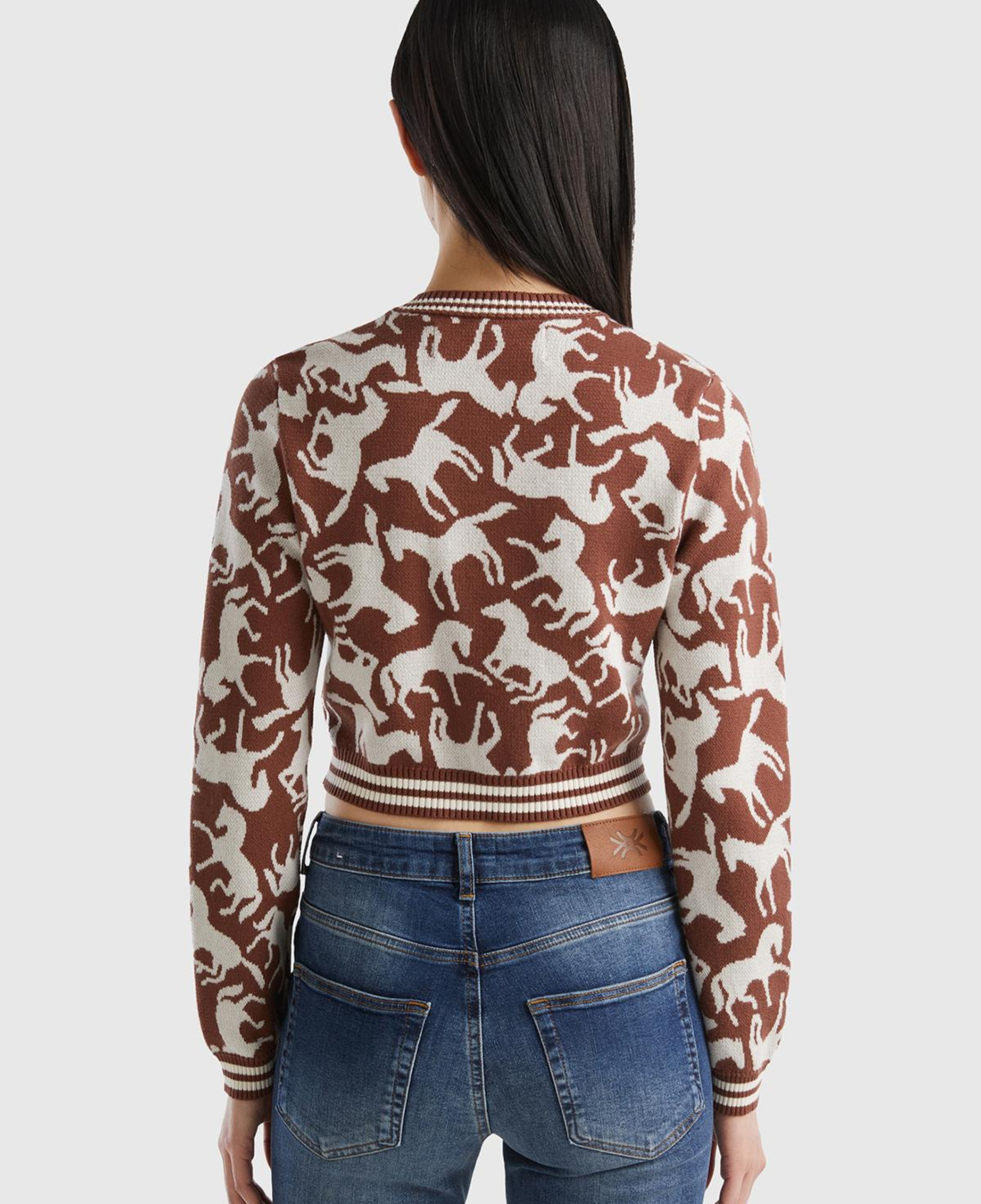 Kadın Kahverengi %100 Koton At Desenli Crop Kazak