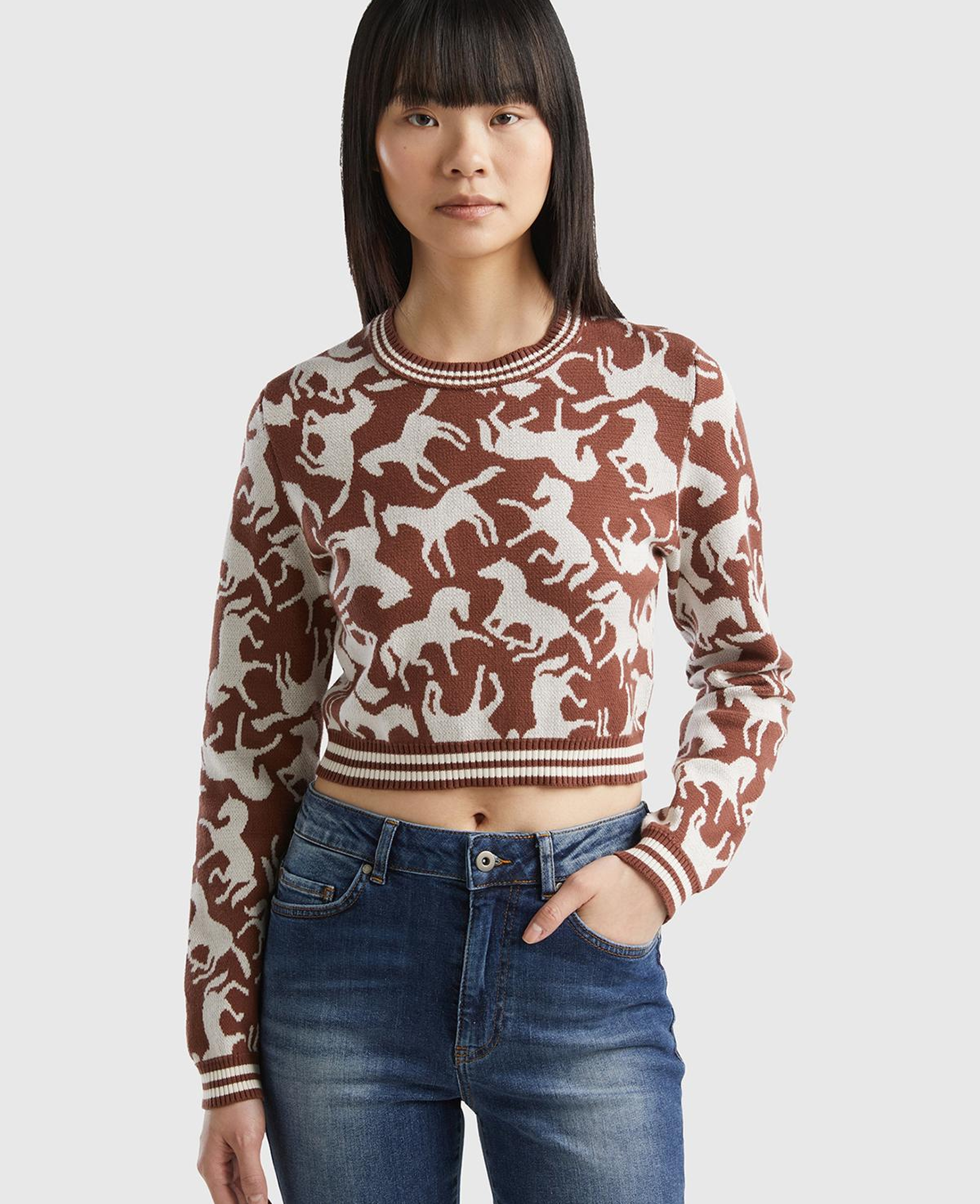 Kadın Kahverengi %100 Koton At Desenli Crop Kazak